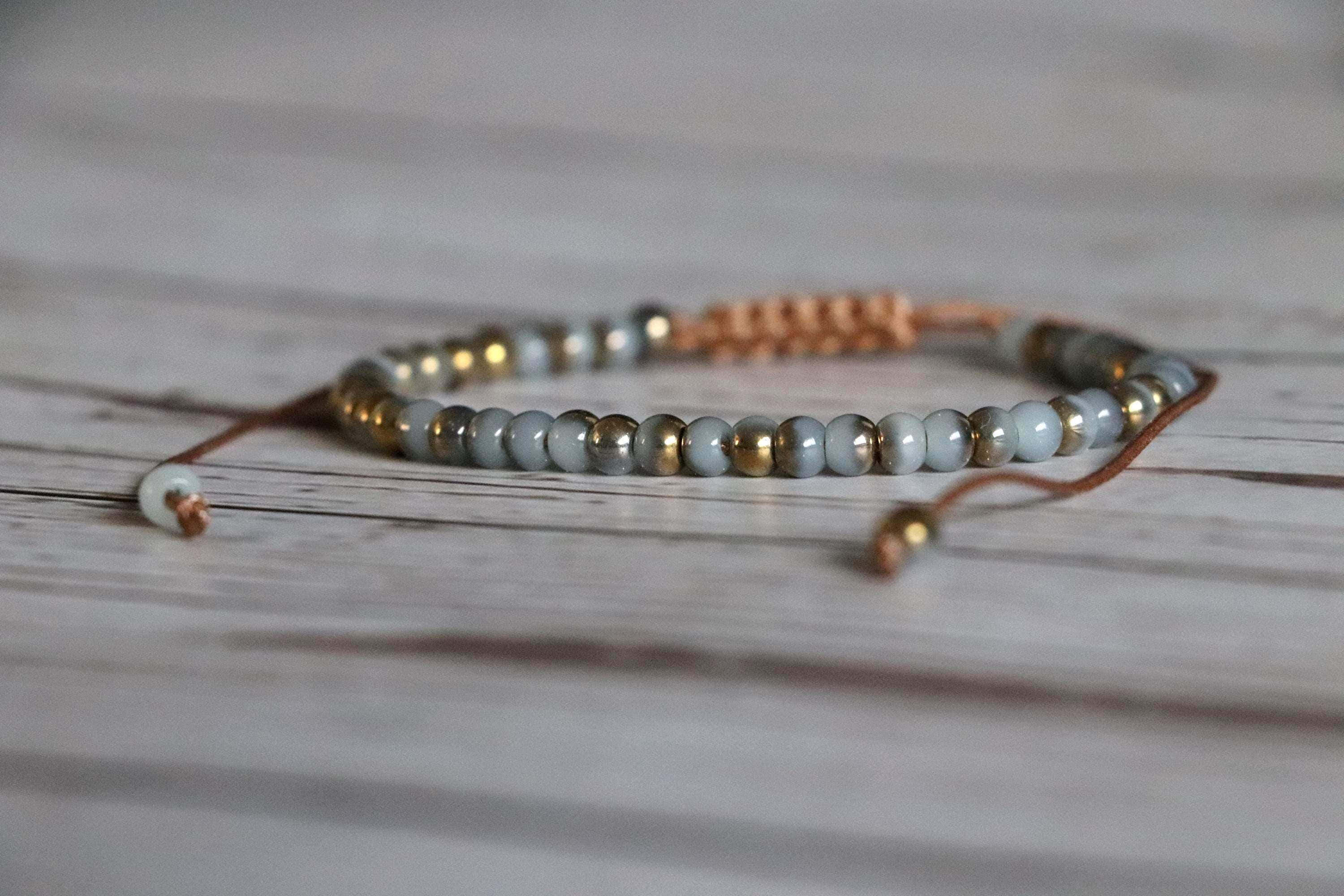 Brown & Light Blue Bracelet Set 05 – Handmade Needlework - Gold Accent Beads – 2-Piece Boho Combo