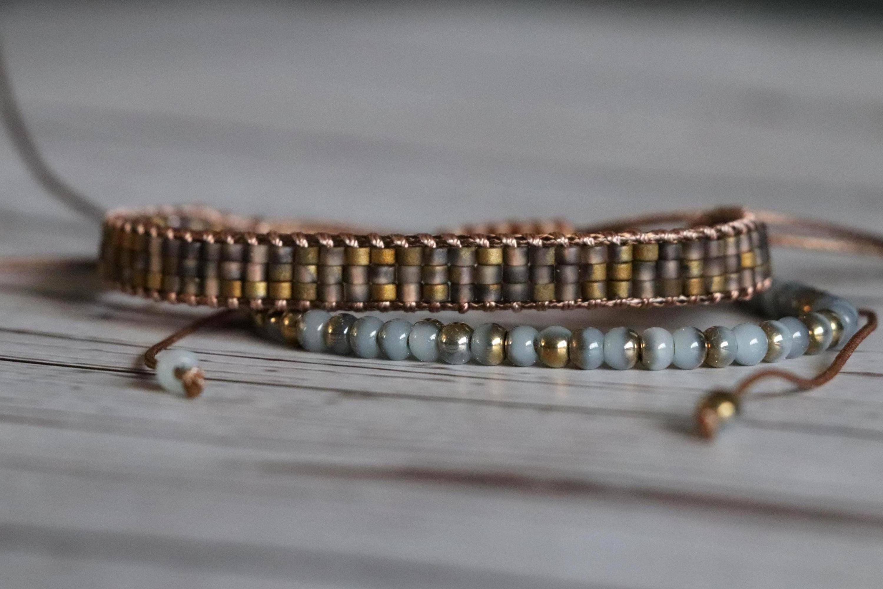 Brown & Light Blue Bracelet Set 05 – Handmade Needlework - Gold Accent Beads – 2-Piece Boho Combo