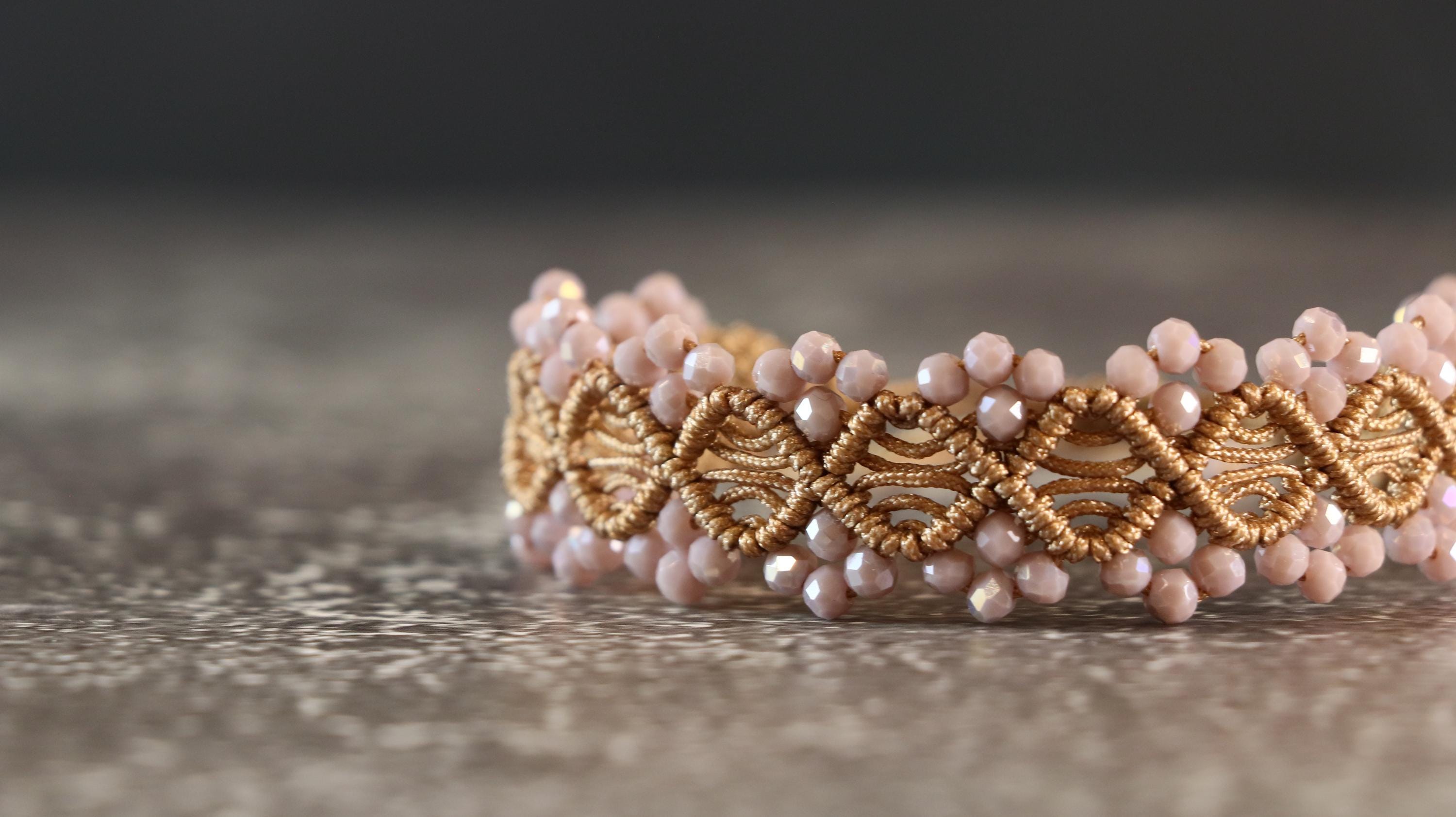 Brown Macrame Bracelet for Women with Light Brown Crystal Beads