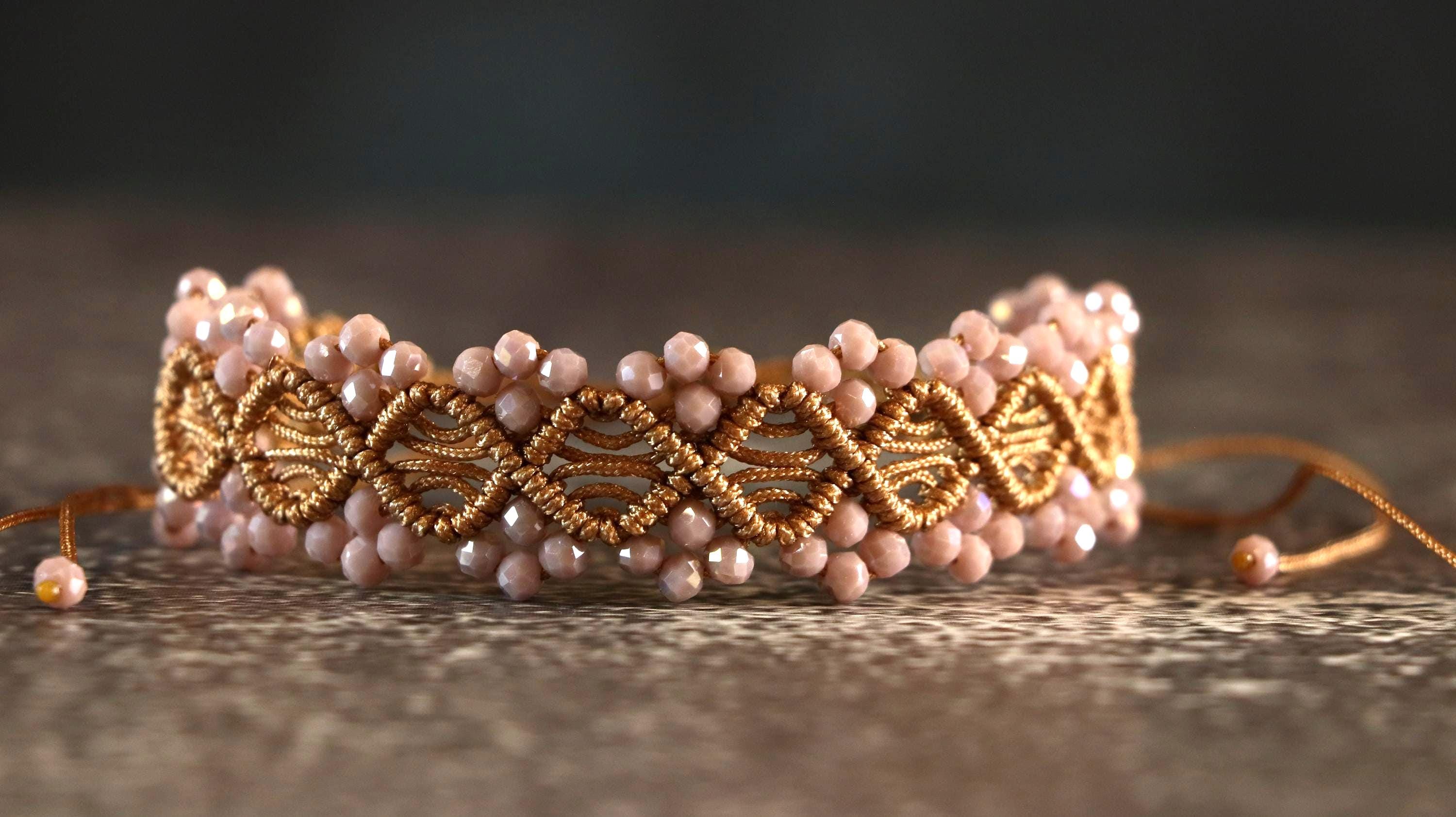 Brown Macrame Bracelet for Women with Light Brown Crystal Beads