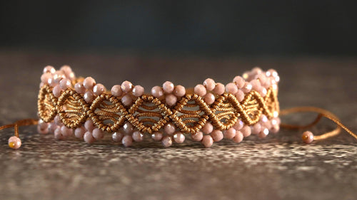 Brown Macrame Bracelet for Women with Light Brown Crystal Beads