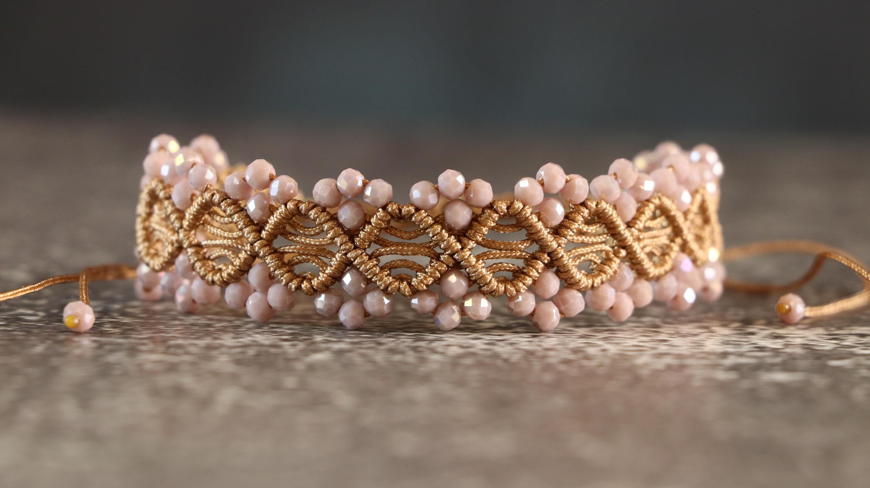 Brown Macrame Bracelet for Women with Light Brown Crystal Beads