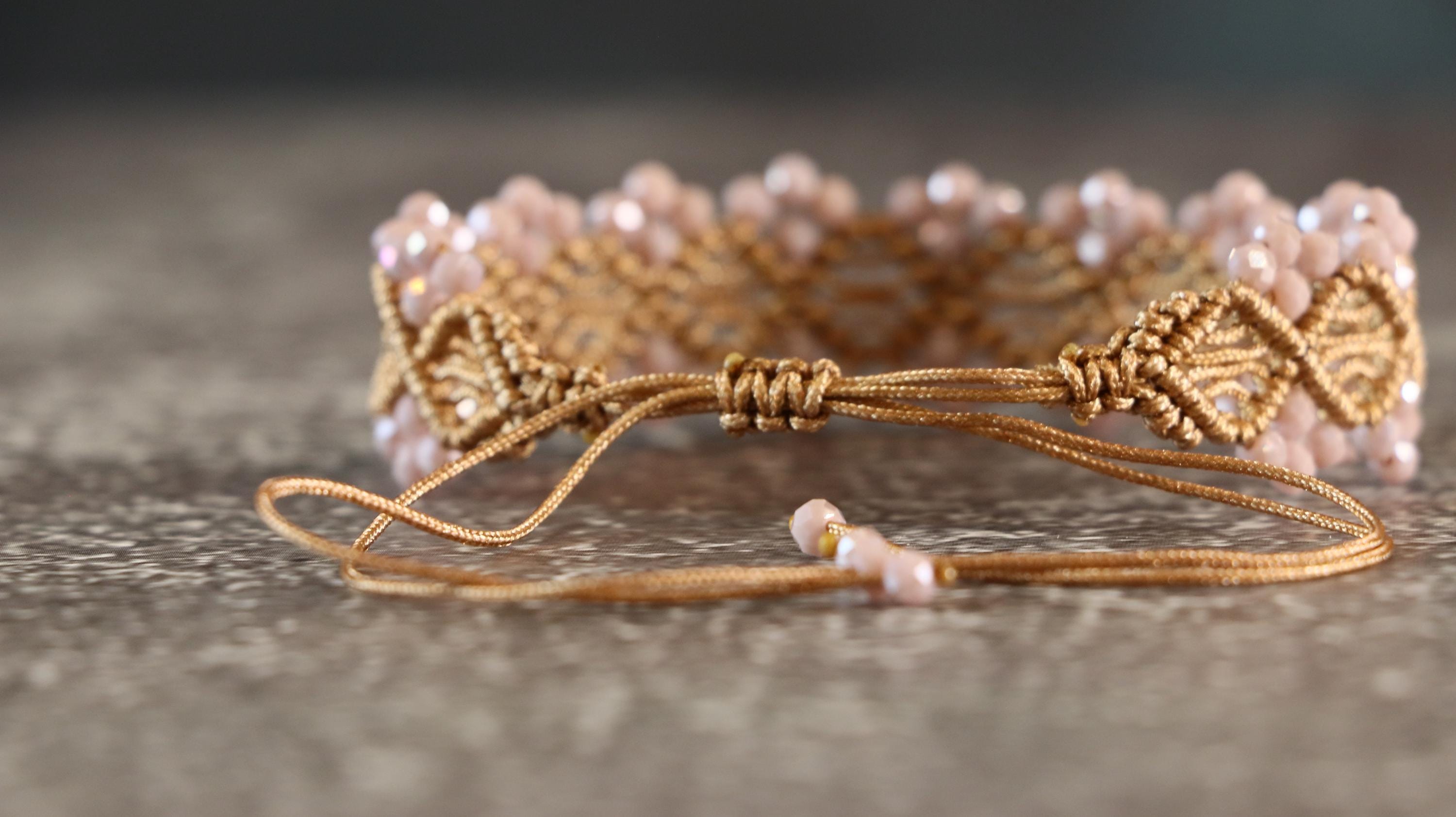 Brown Macrame Bracelet for Women with Light Brown Crystal Beads