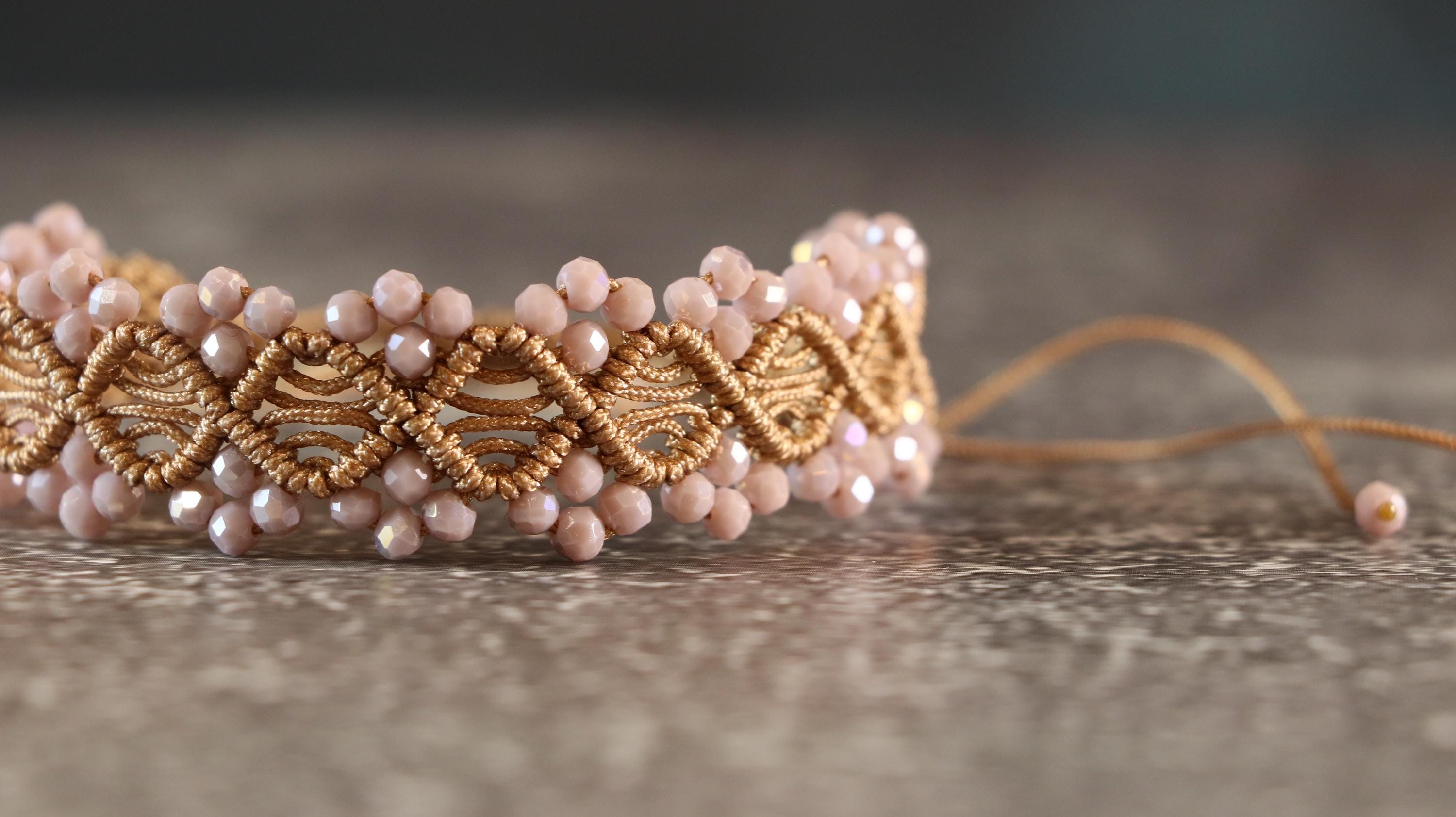 Brown Macrame Bracelet for Women with Light Brown Crystal Beads