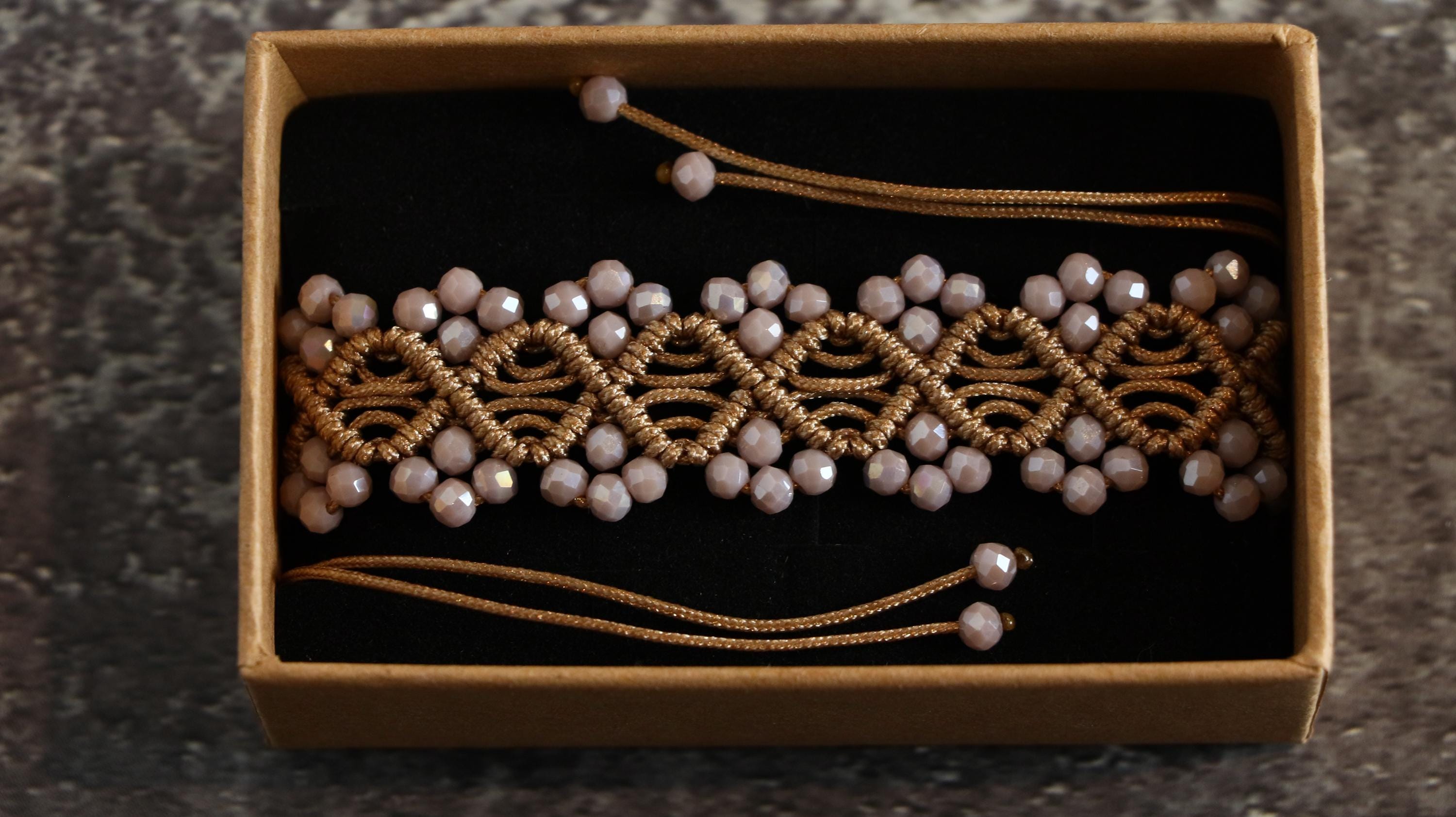 Brown Macrame Bracelet for Women with Light Brown Crystal Beads