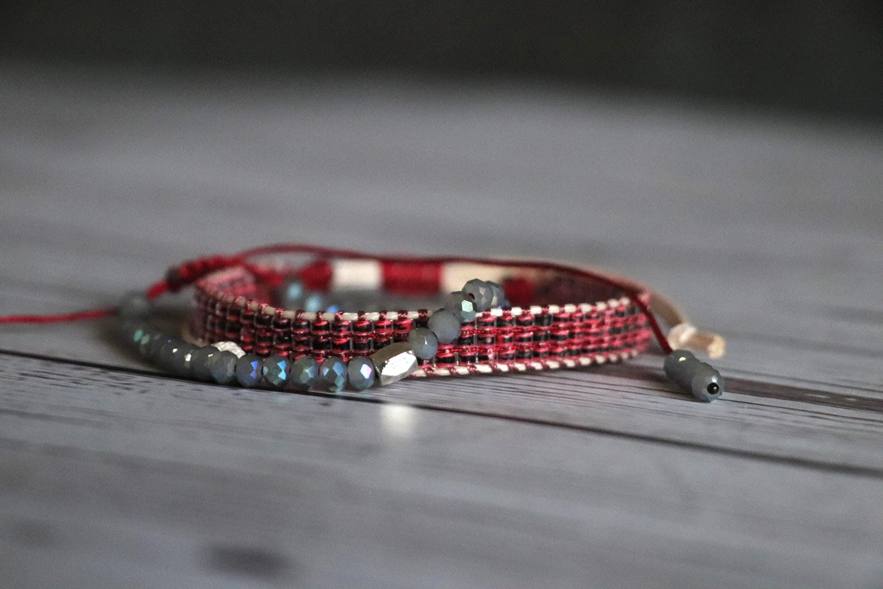 Burgundy & Blue Bracelet Set06 – Handmade Needlework - Glass Crystals – Elegant 2-Piece Combo