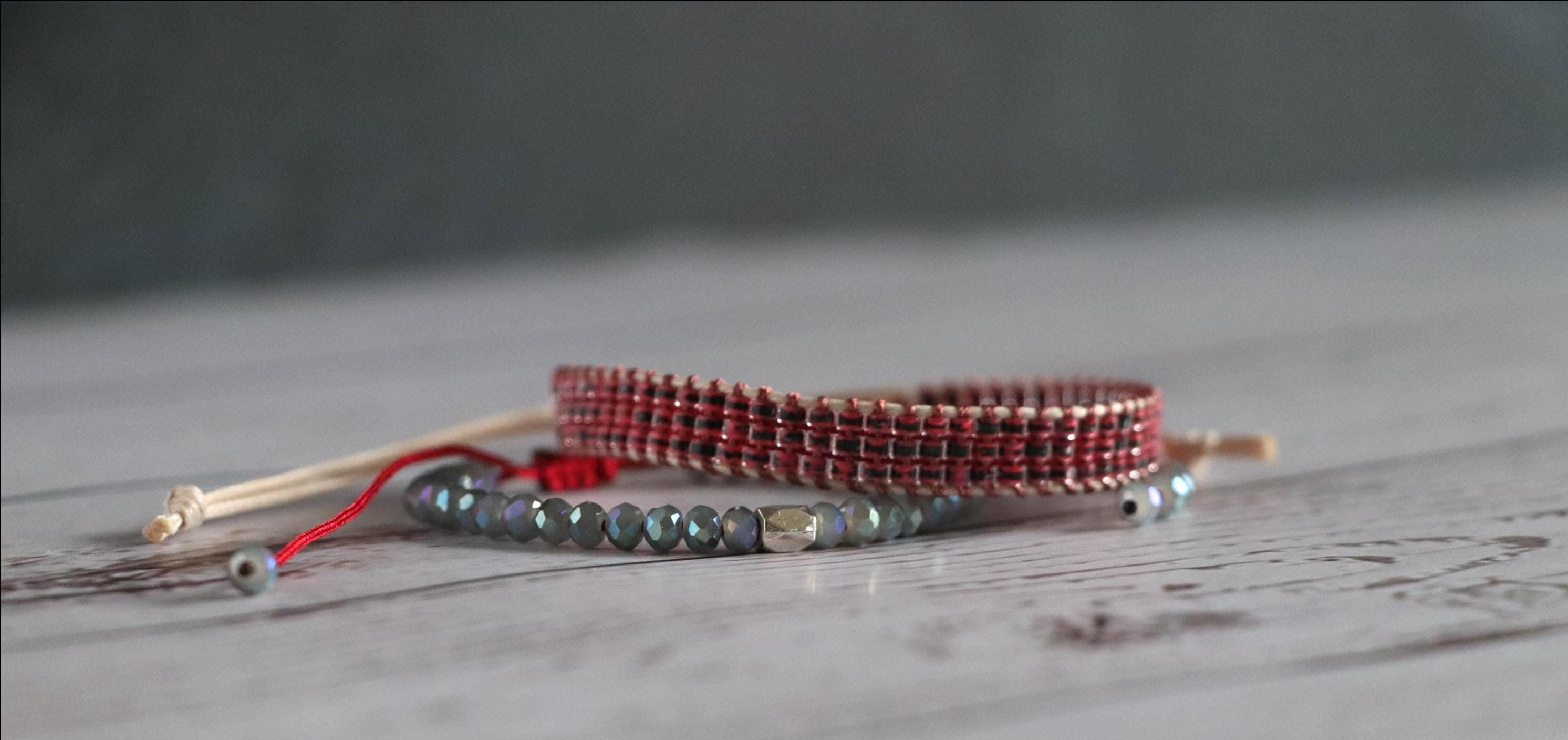 Burgundy & Blue Bracelet Set06 – Handmade Needlework - Glass Crystals – Elegant 2-Piece Combo