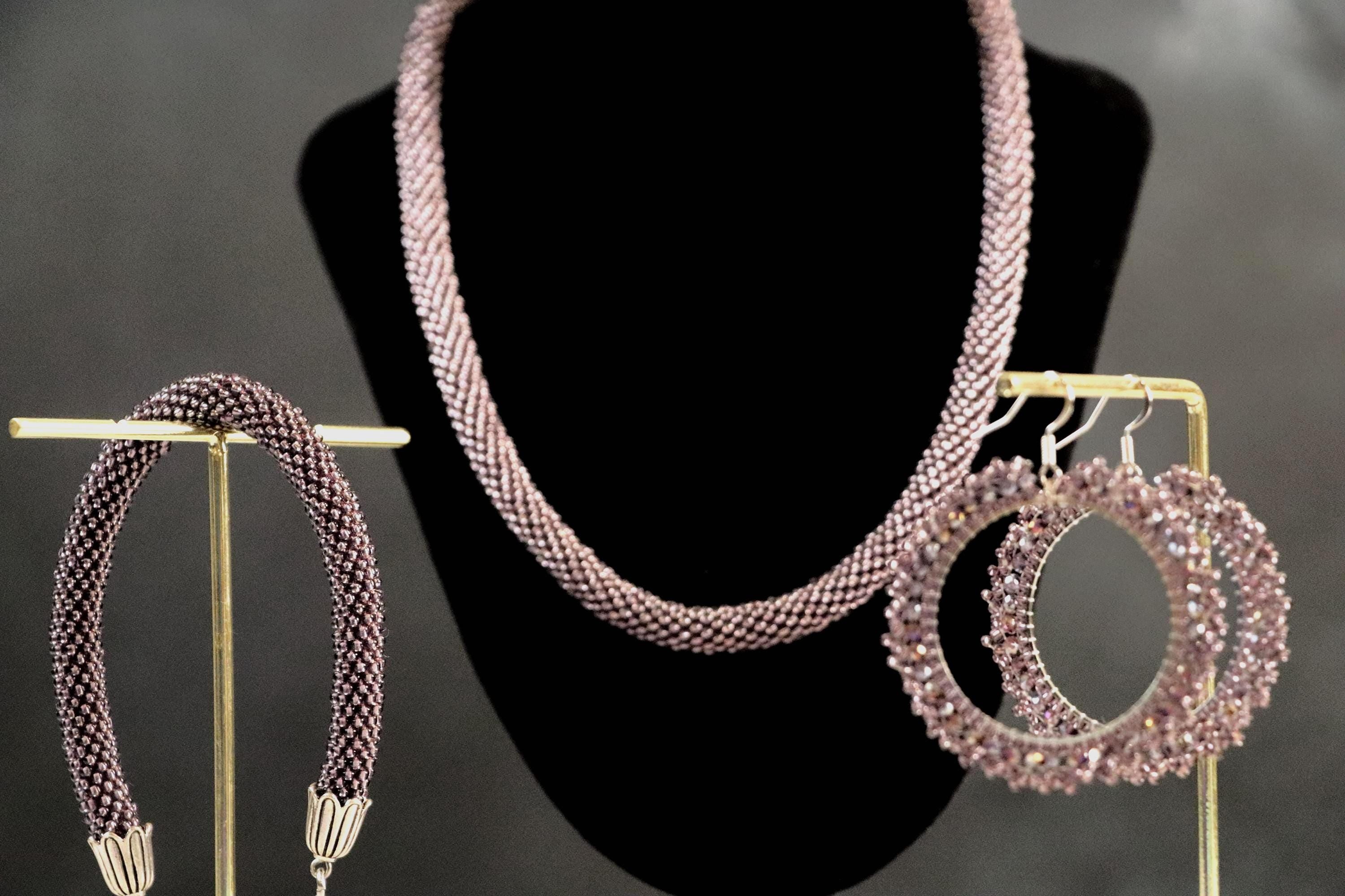 Crochet Necklace Bracelet and Beaded Earrings,