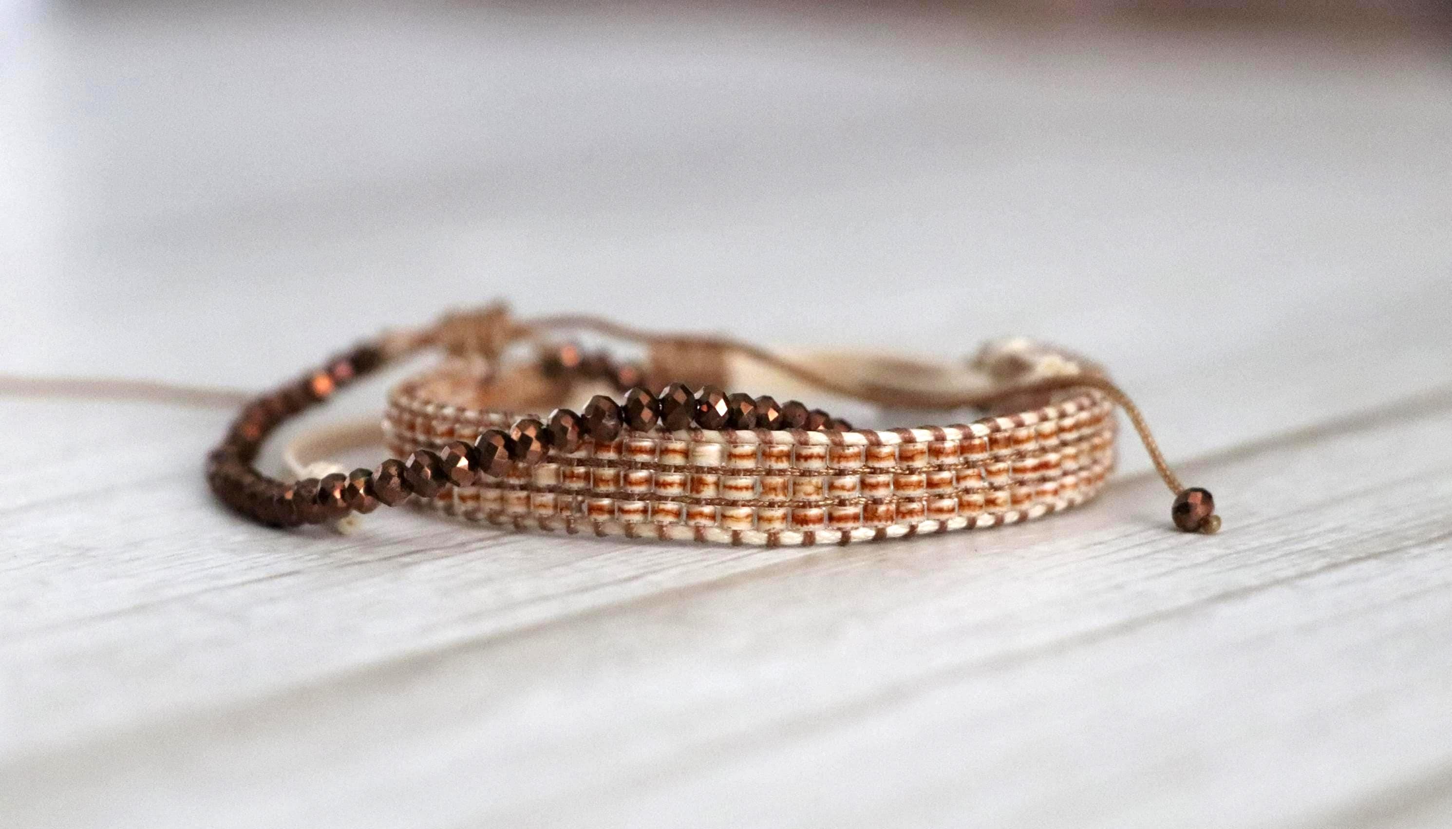 Elegant Brown Beaded Needlework Bracelets 07– Set of 2 Stylish Handmade Bracelets in Earth Tones