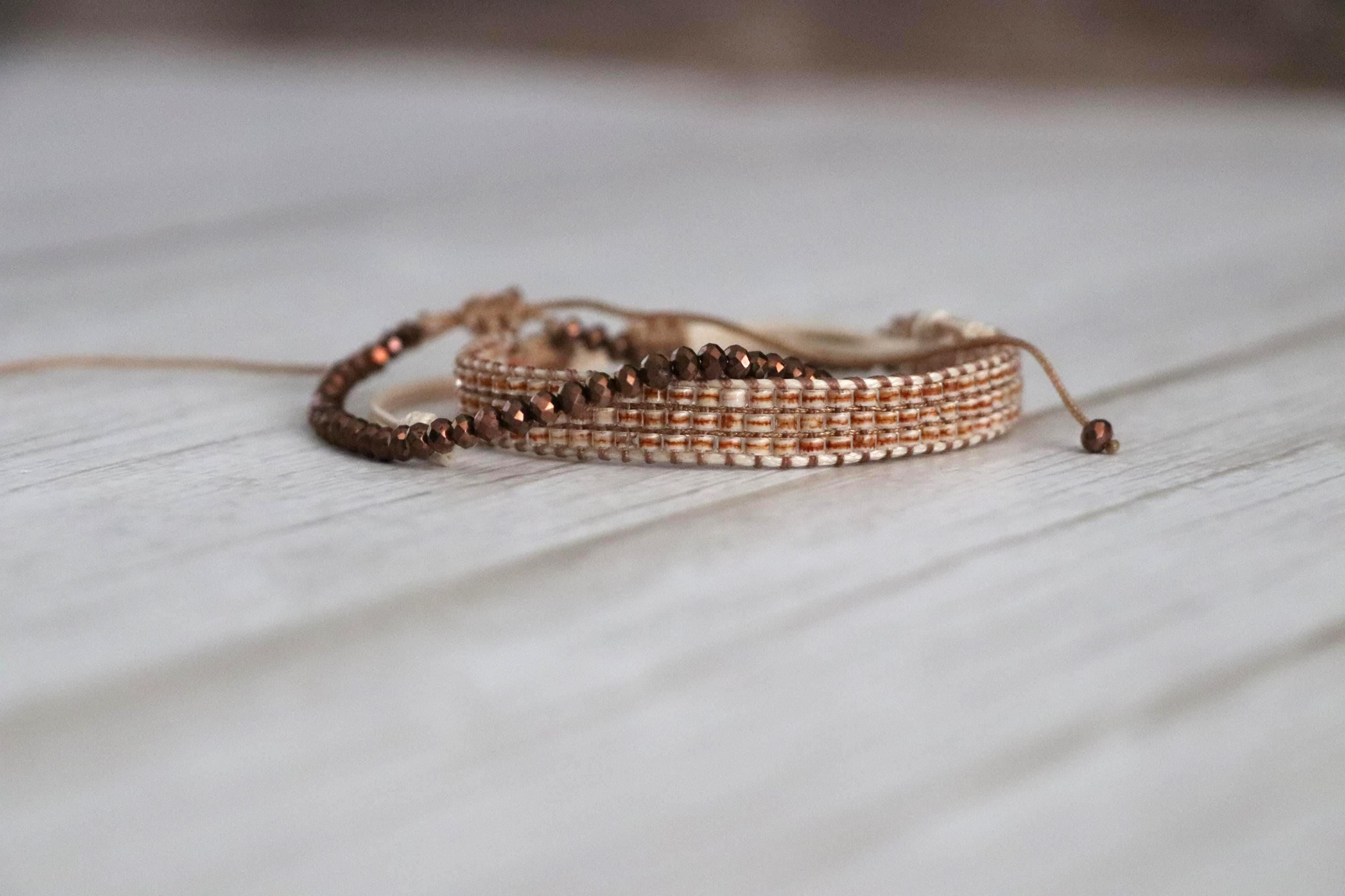 Elegant Brown Beaded Needlework Bracelets 07– Set of 2 Stylish Handmade Bracelets in Earth Tones