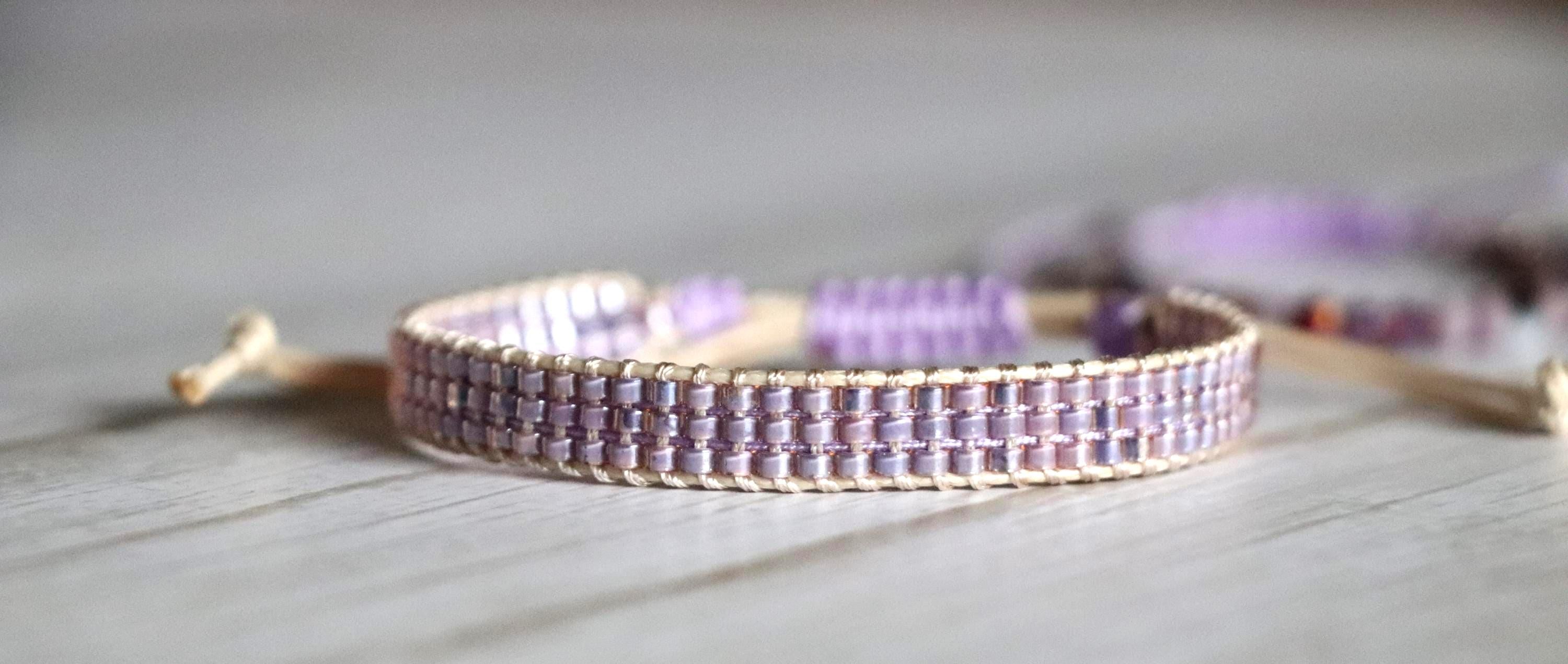 Elegant Lilac Beaded Needlework Bracelets 08– Set of 2 Handmade Bracelets in Soft Purple Tones