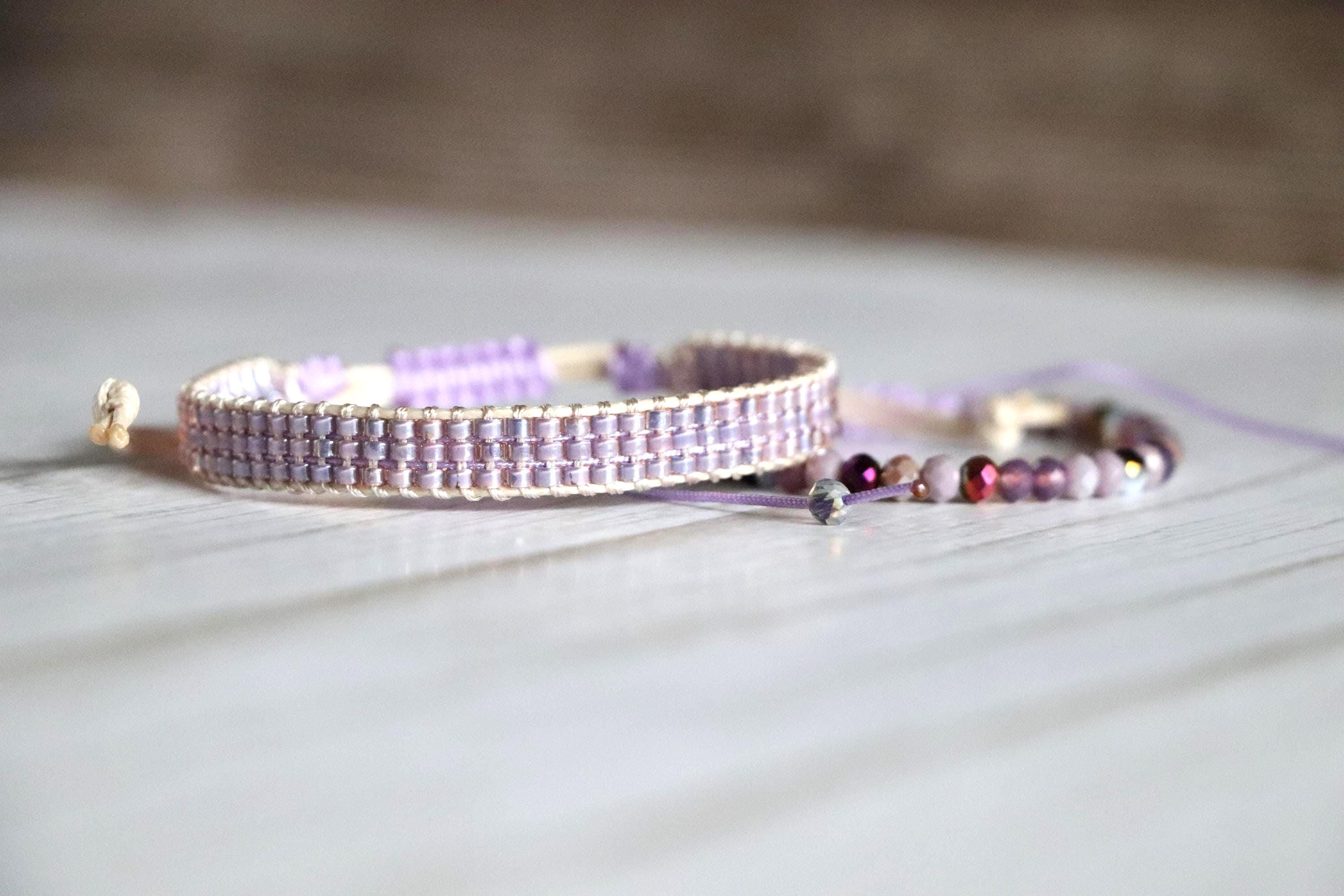 Elegant Lilac Beaded Needlework Bracelets 08– Set of 2 Handmade Bracelets in Soft Purple Tones