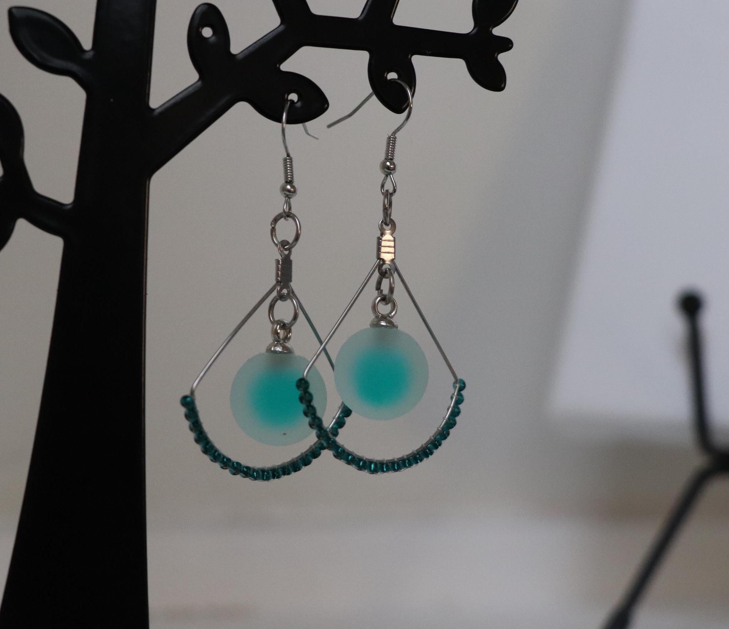 Frosted Green Bead Dangle Earrings