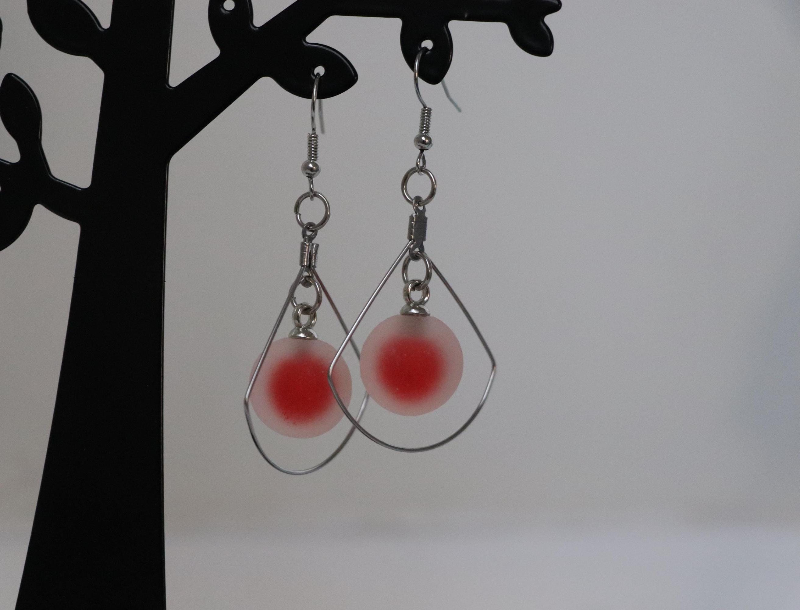 Frosted Red Bead Dangle Earrings