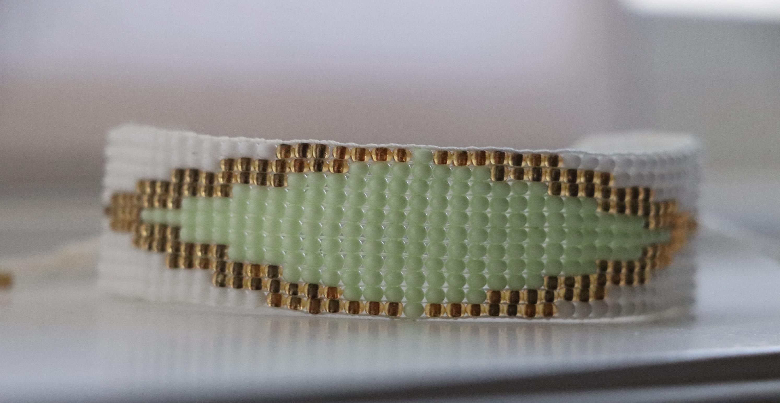 Gold and White Beaded Pattern Bracelet
