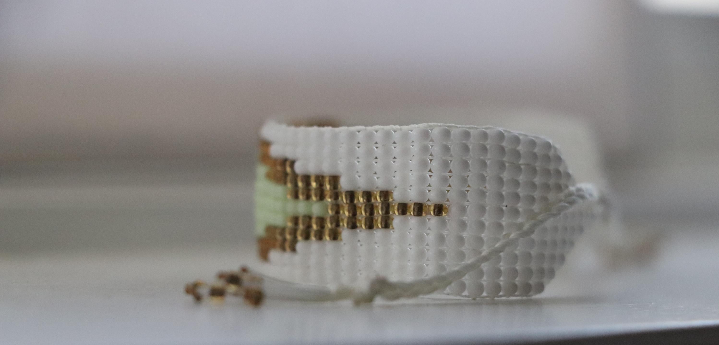 Gold and White Beaded Pattern Bracelet