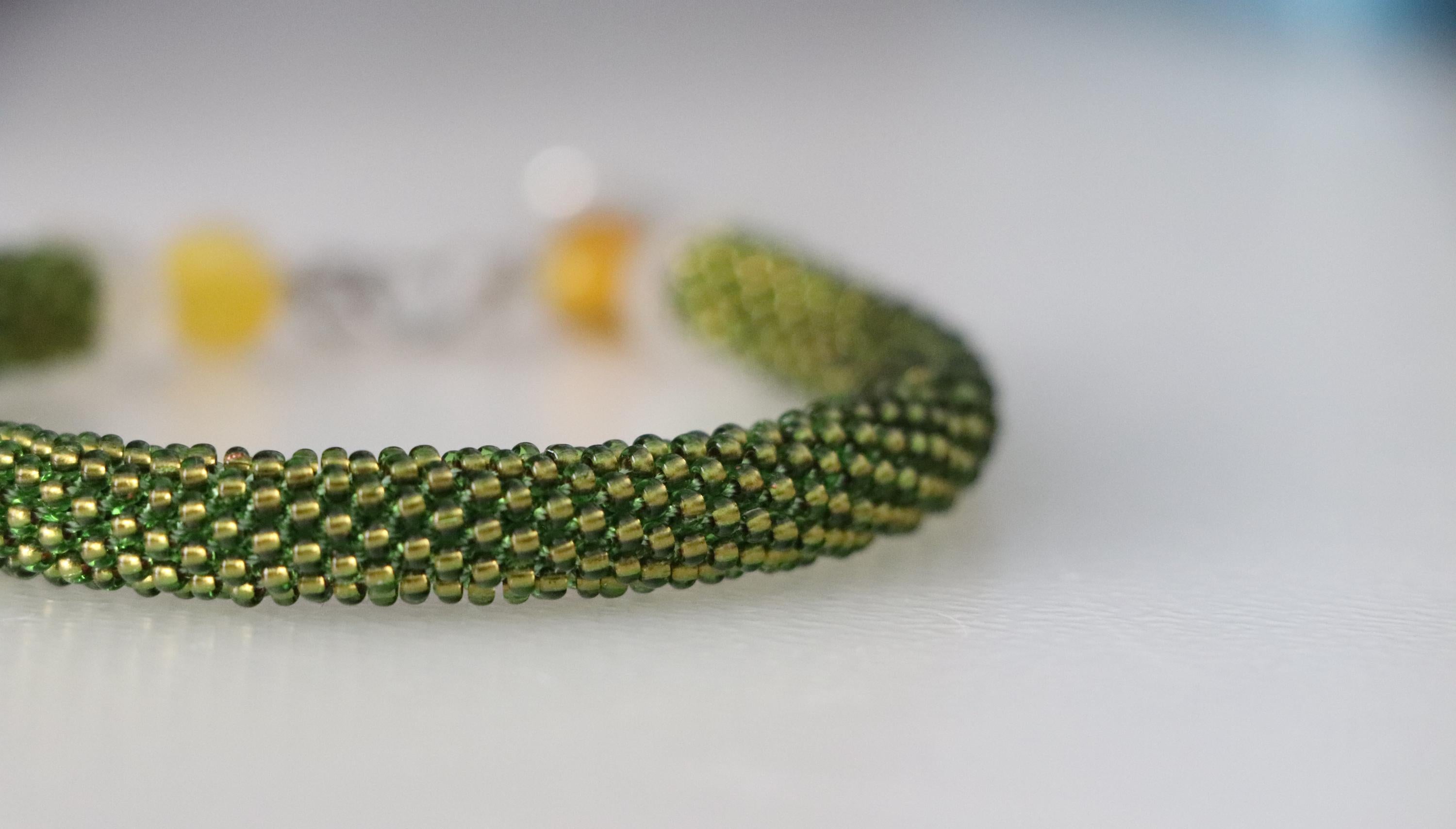 Grass Green Handmade Bracelet with Yellow Beads