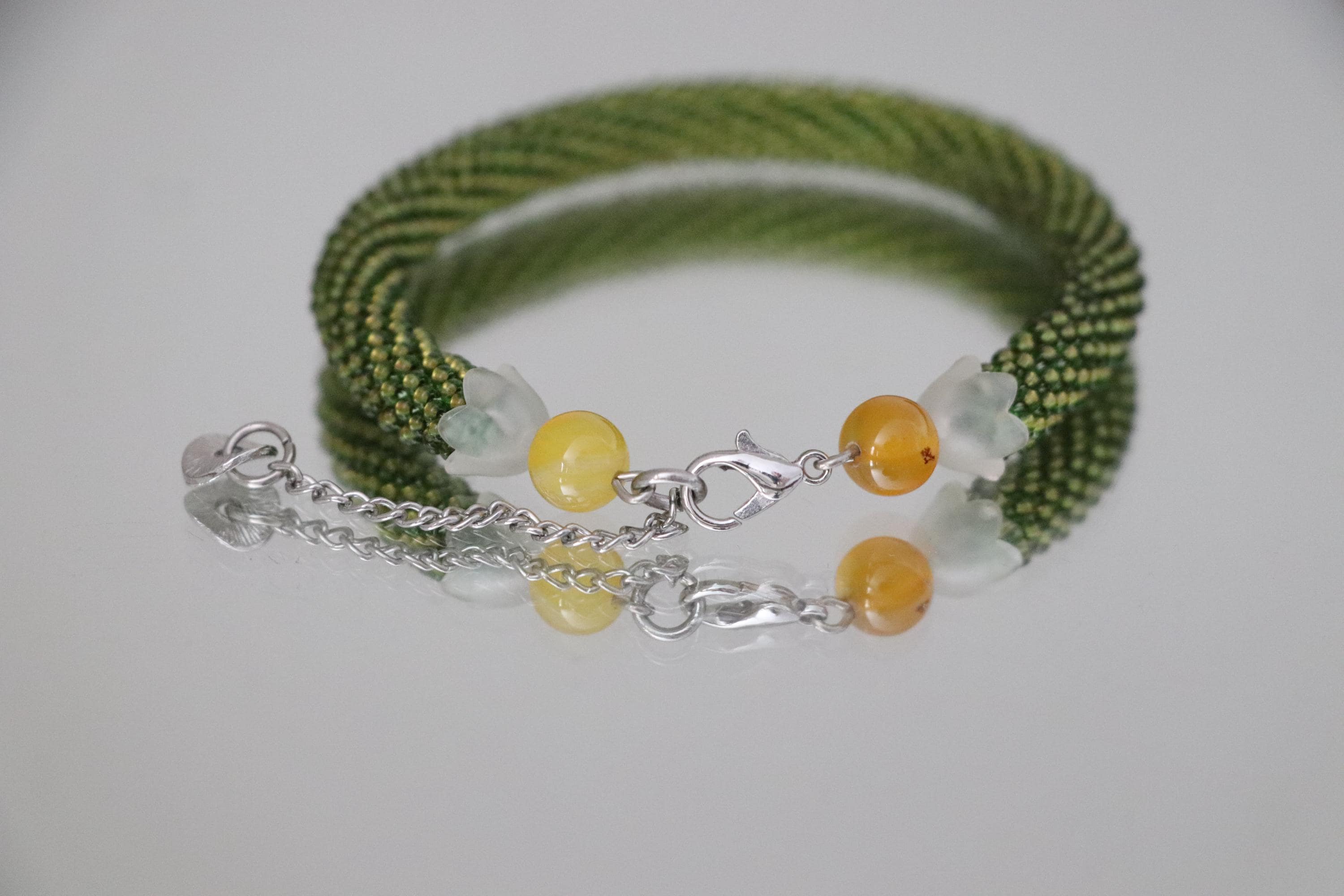 Grass Green Handmade Bracelet with Yellow Beads