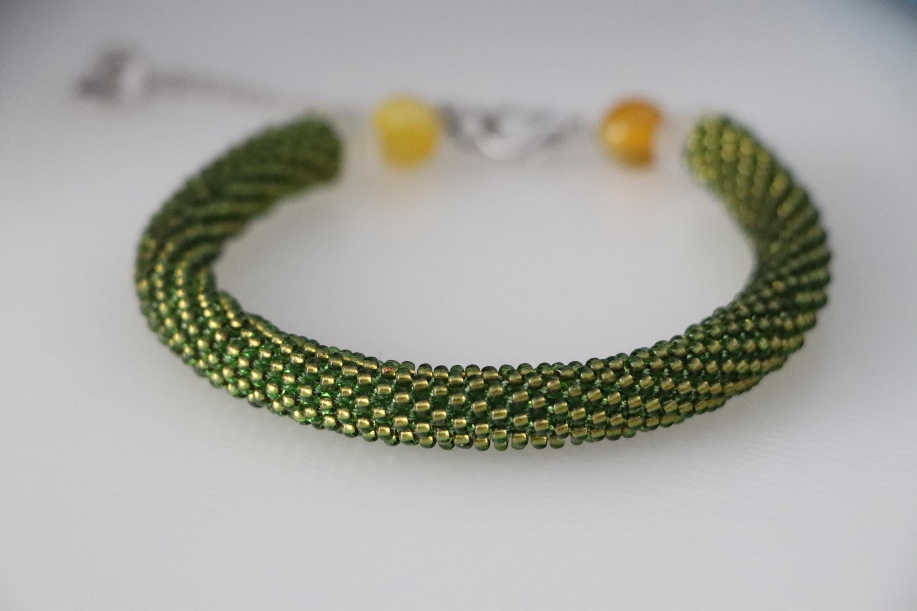 Grass Green Handmade Bracelet with Yellow Beads