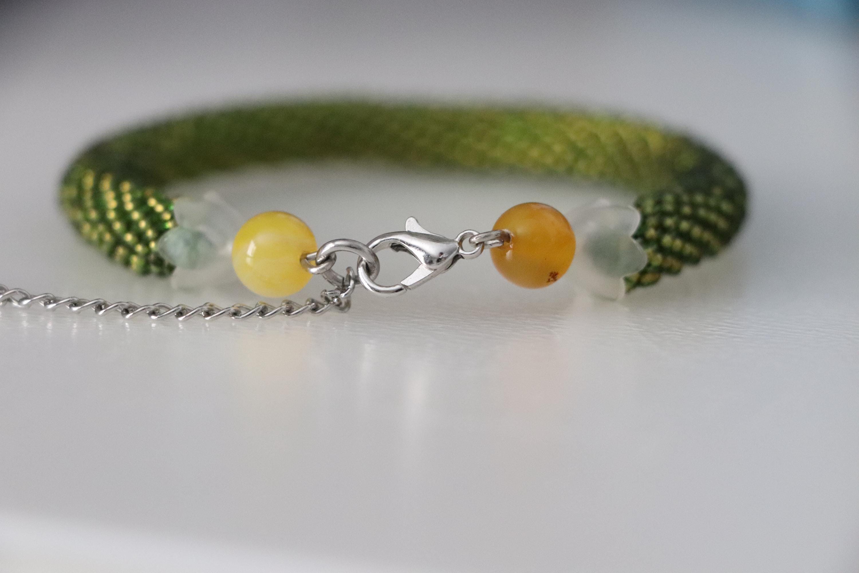 Grass Green Handmade Bracelet with Yellow Beads
