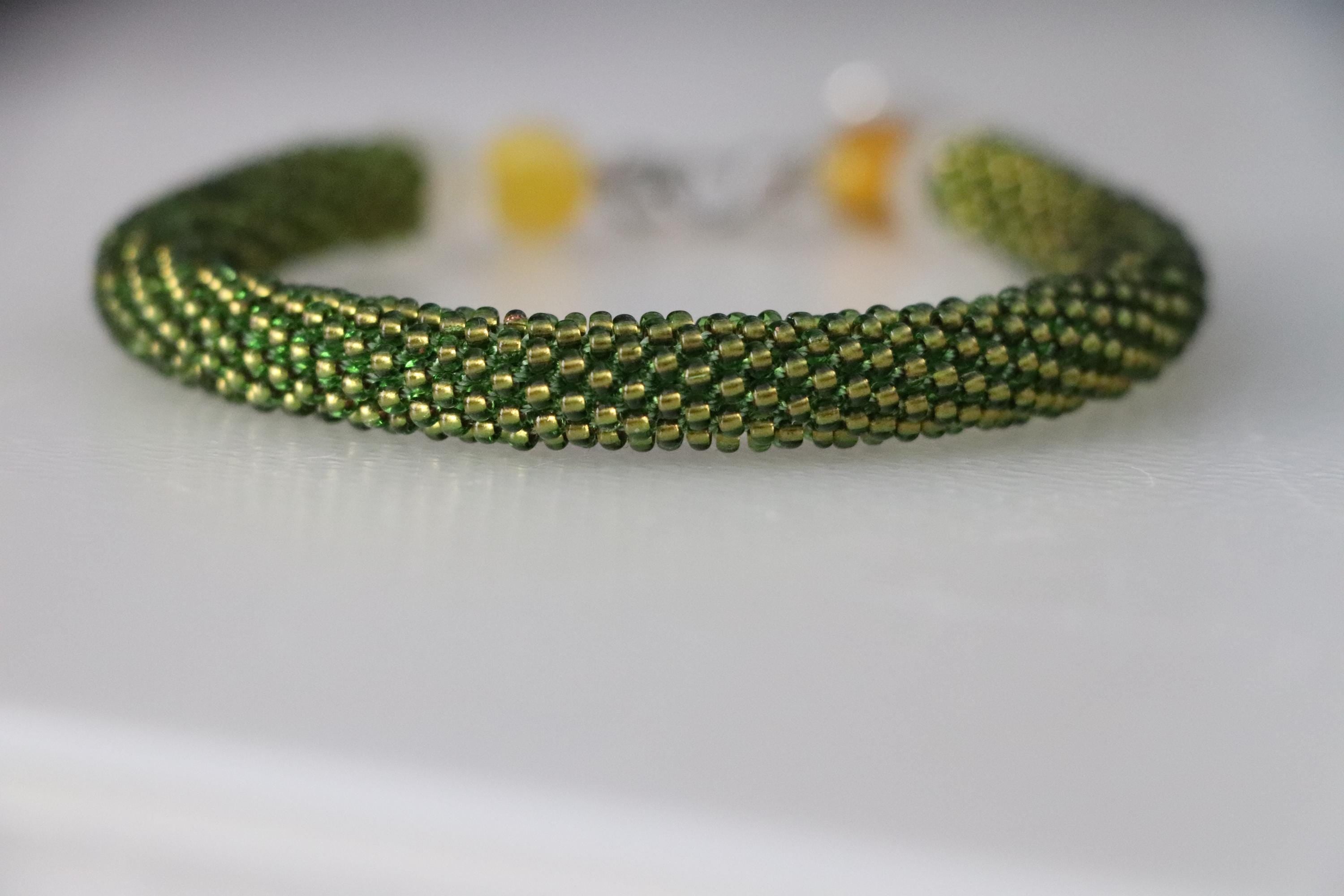 Grass Green Handmade Bracelet with Yellow Beads