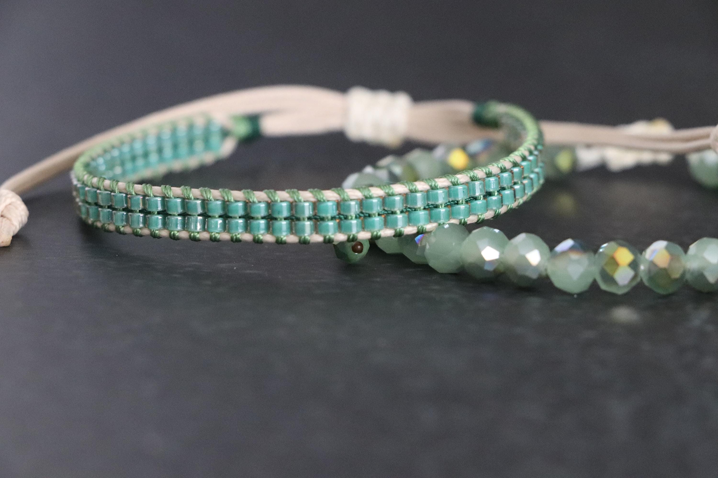 Green Beaded Bracelet Set 01 – Handmade Needlework & Crystal Bracelet – 2-Piece Elegant Combo