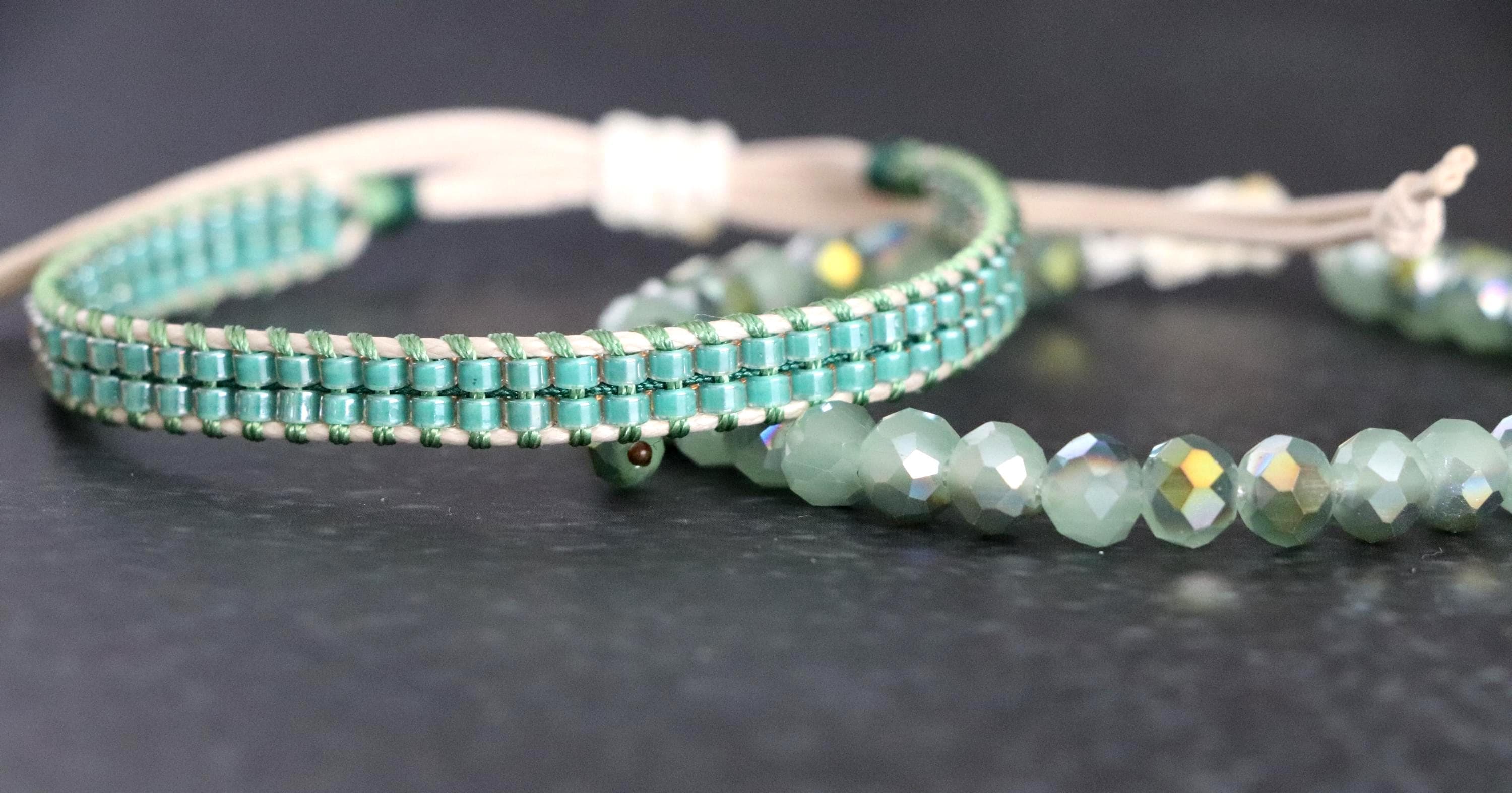 Green Beaded Bracelet Set 01 – Handmade Needlework & Crystal Bracelet – 2-Piece Elegant Combo