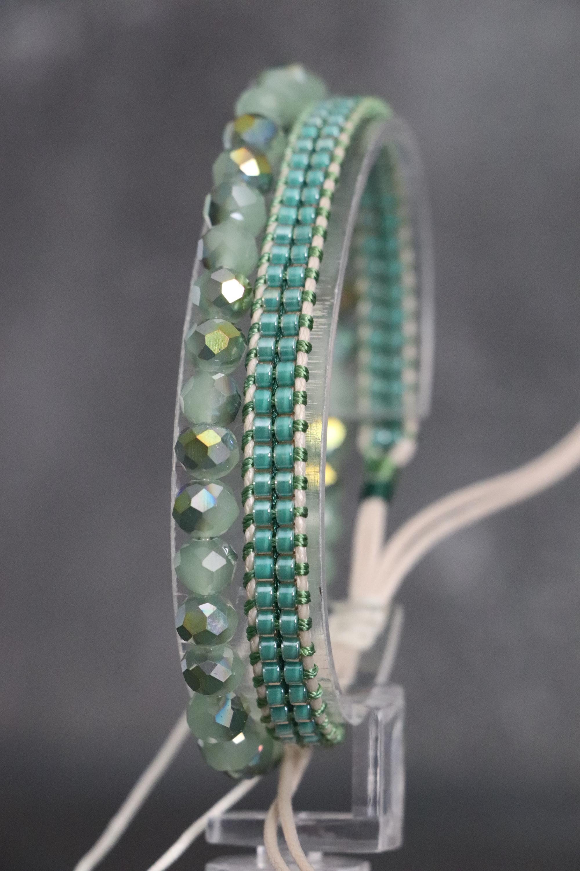 Green Beaded Bracelet Set 01 – Handmade Needlework & Crystal Bracelet – 2-Piece Elegant Combo