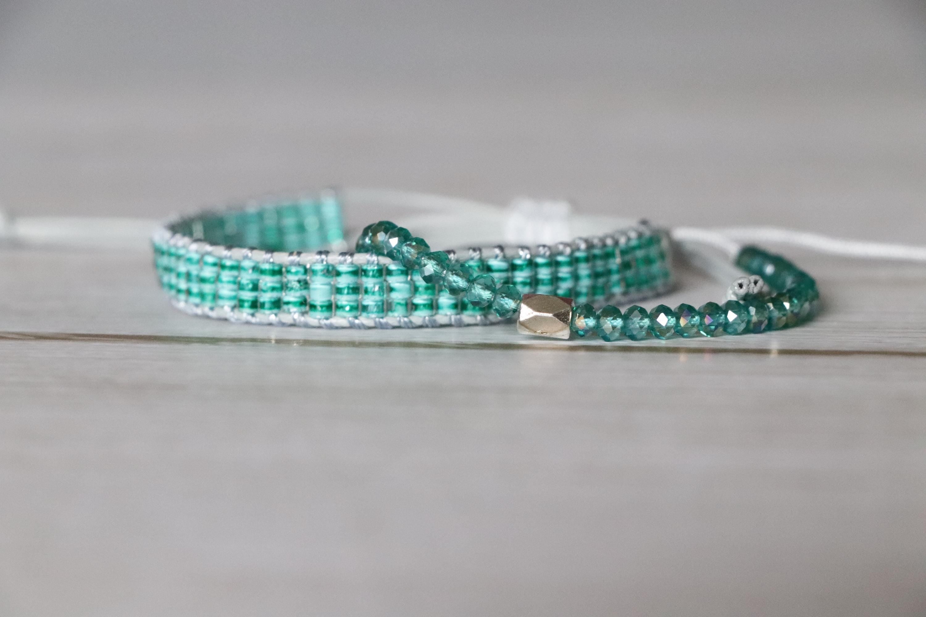Green Toned Bracelet Set – Handmade Woven and Beaded Bracelets in Matching Shades