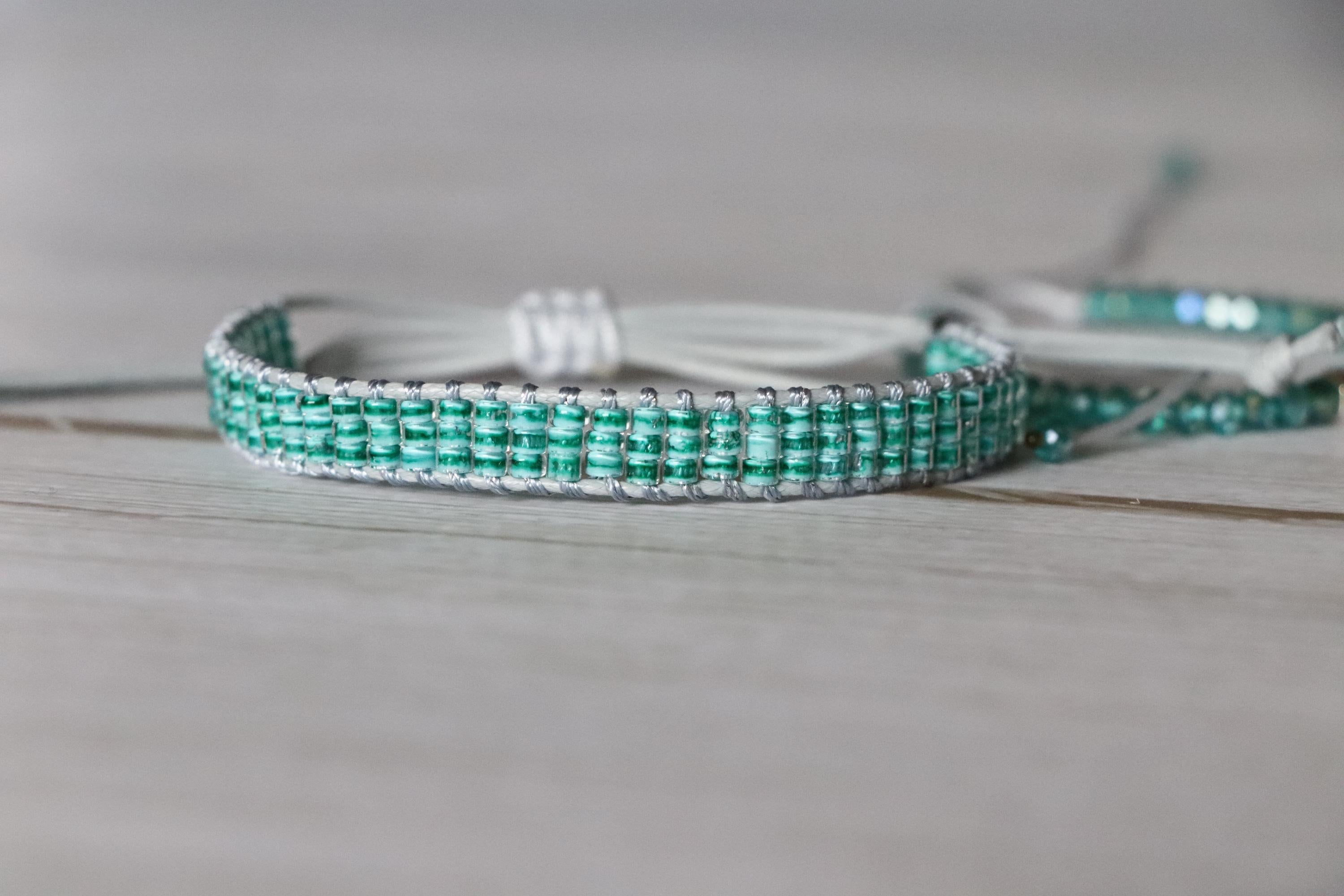 Green Toned Bracelet Set – Handmade Woven and Beaded Bracelets in Matching Shades