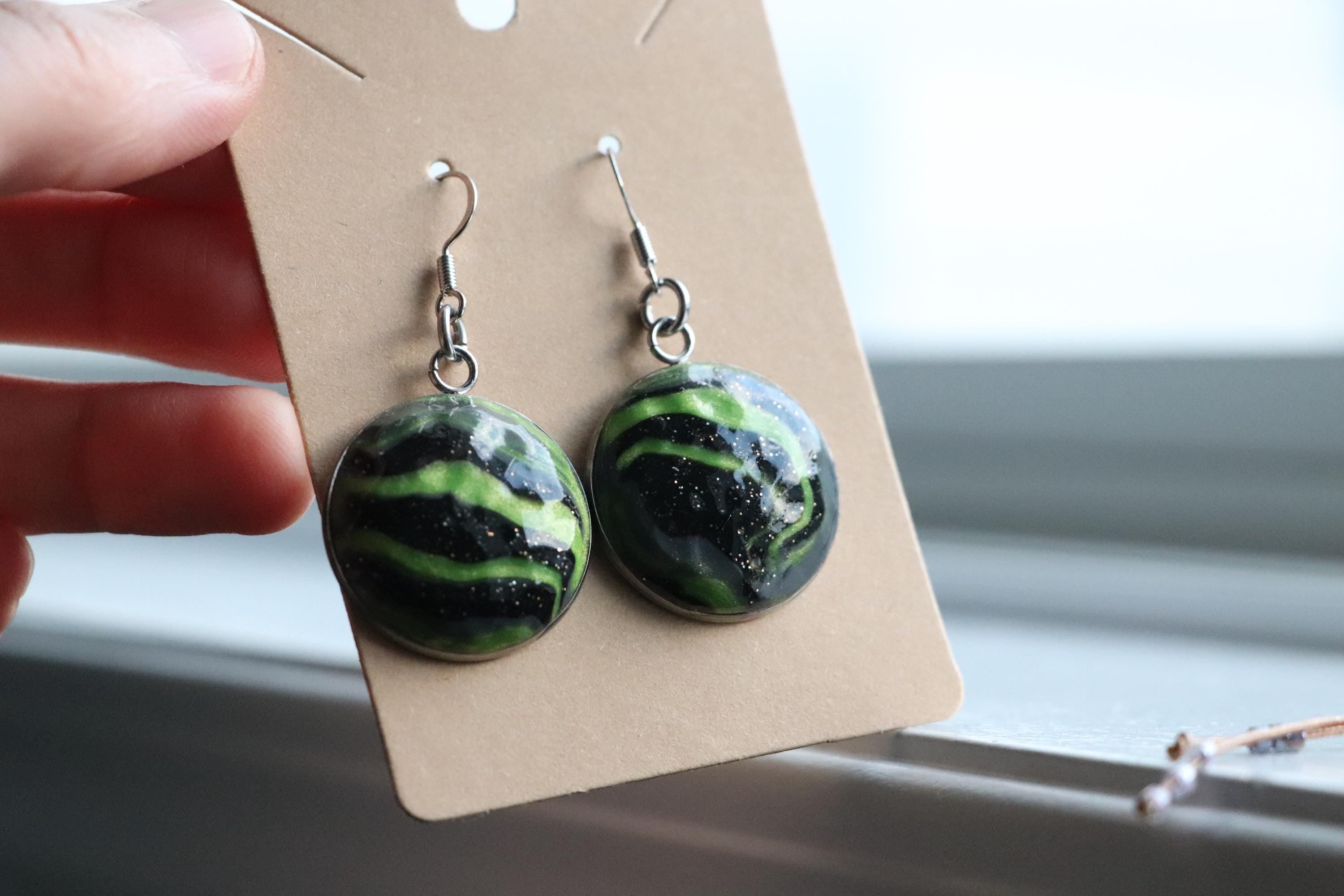 Green and Black Polymer Clay Earrings – Handmade with Metal Backing