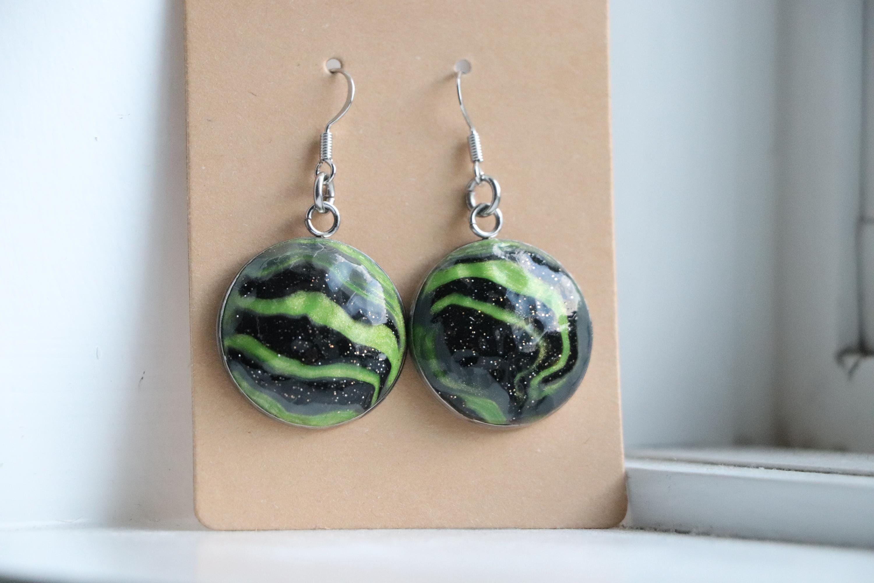Green and Black Polymer Clay Earrings – Handmade with Metal Backing
