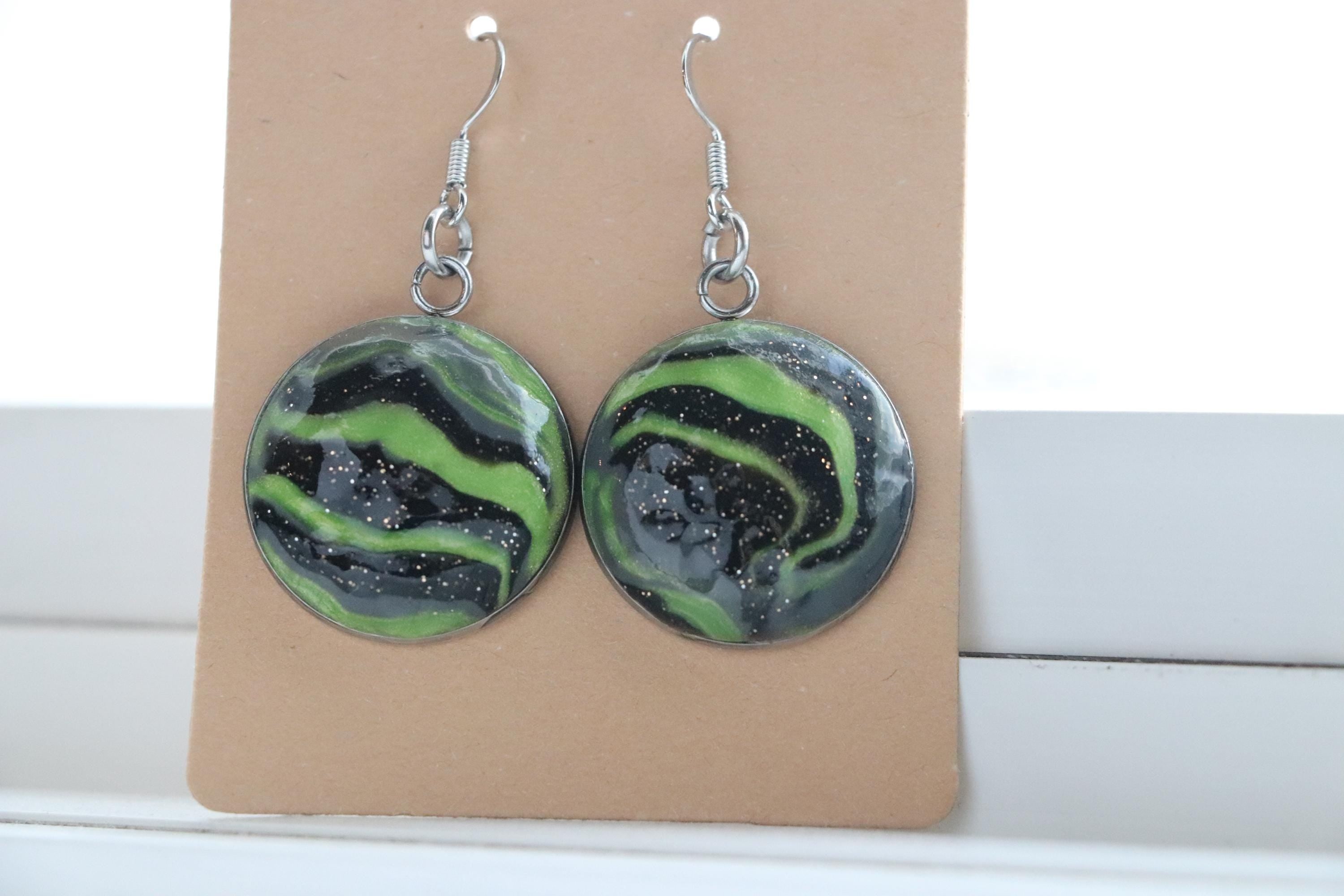 Green and Black Polymer Clay Earrings – Handmade with Metal Backing