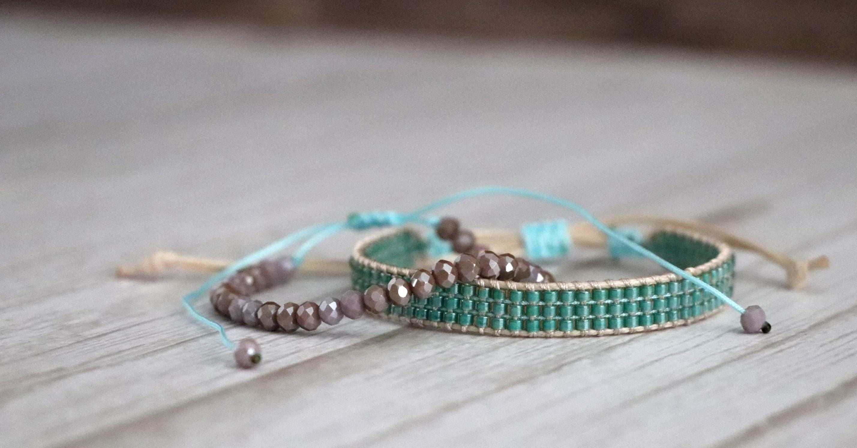 Green and Light Purple Handmade Bracelet Set 10 – Needlework and Beaded Bracelets