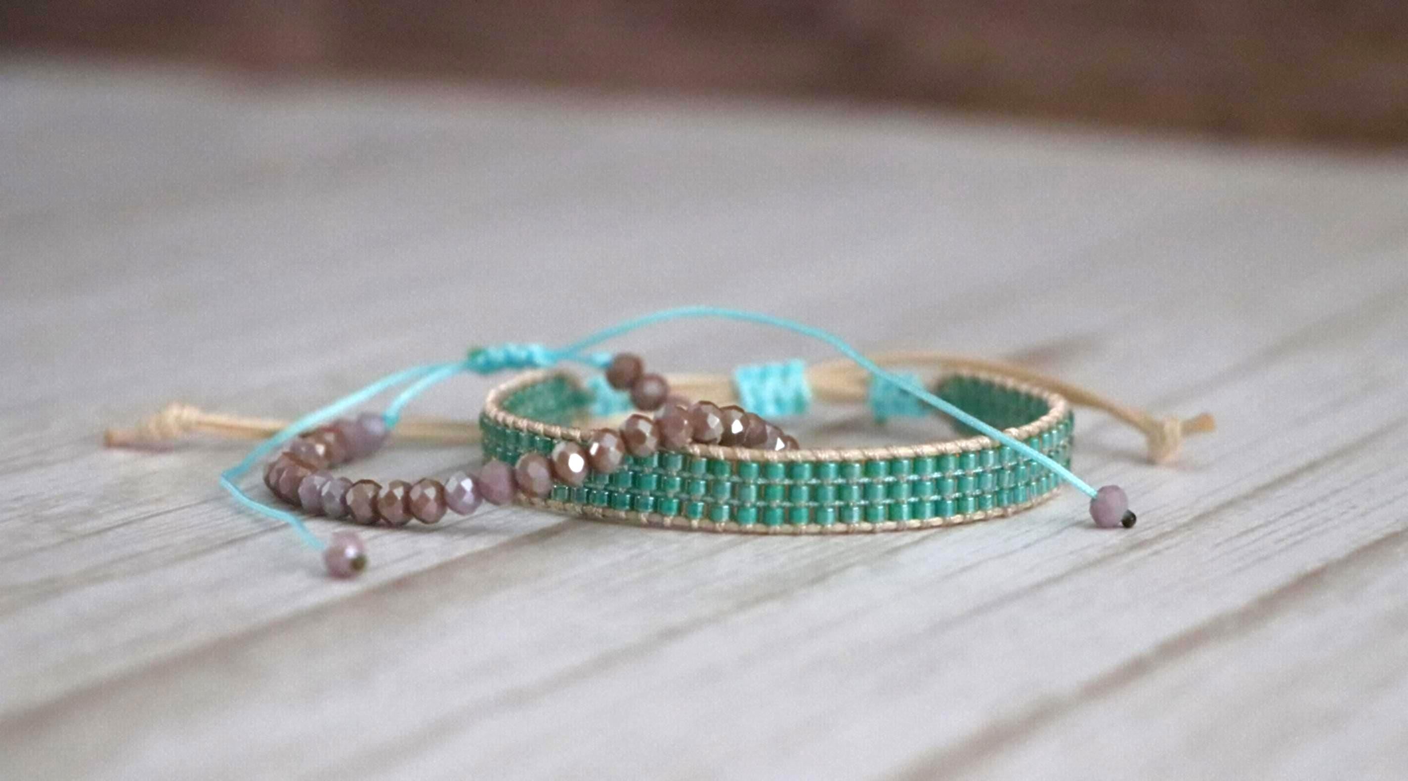 Green and Light Purple Handmade Bracelet Set 10 – Needlework and Beaded Bracelets