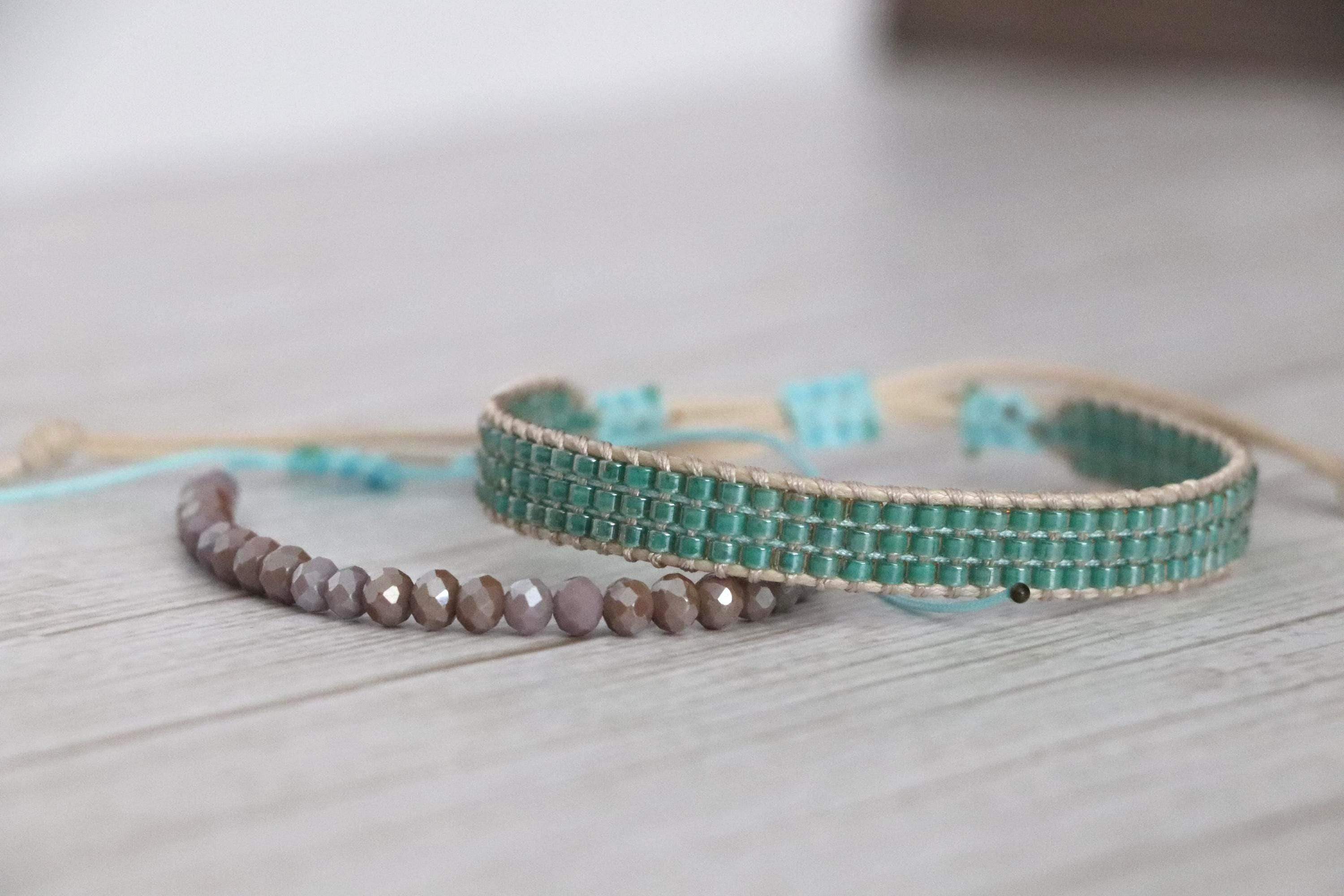 Green and Light Purple Handmade Bracelet Set 10 – Needlework and Beaded Bracelets