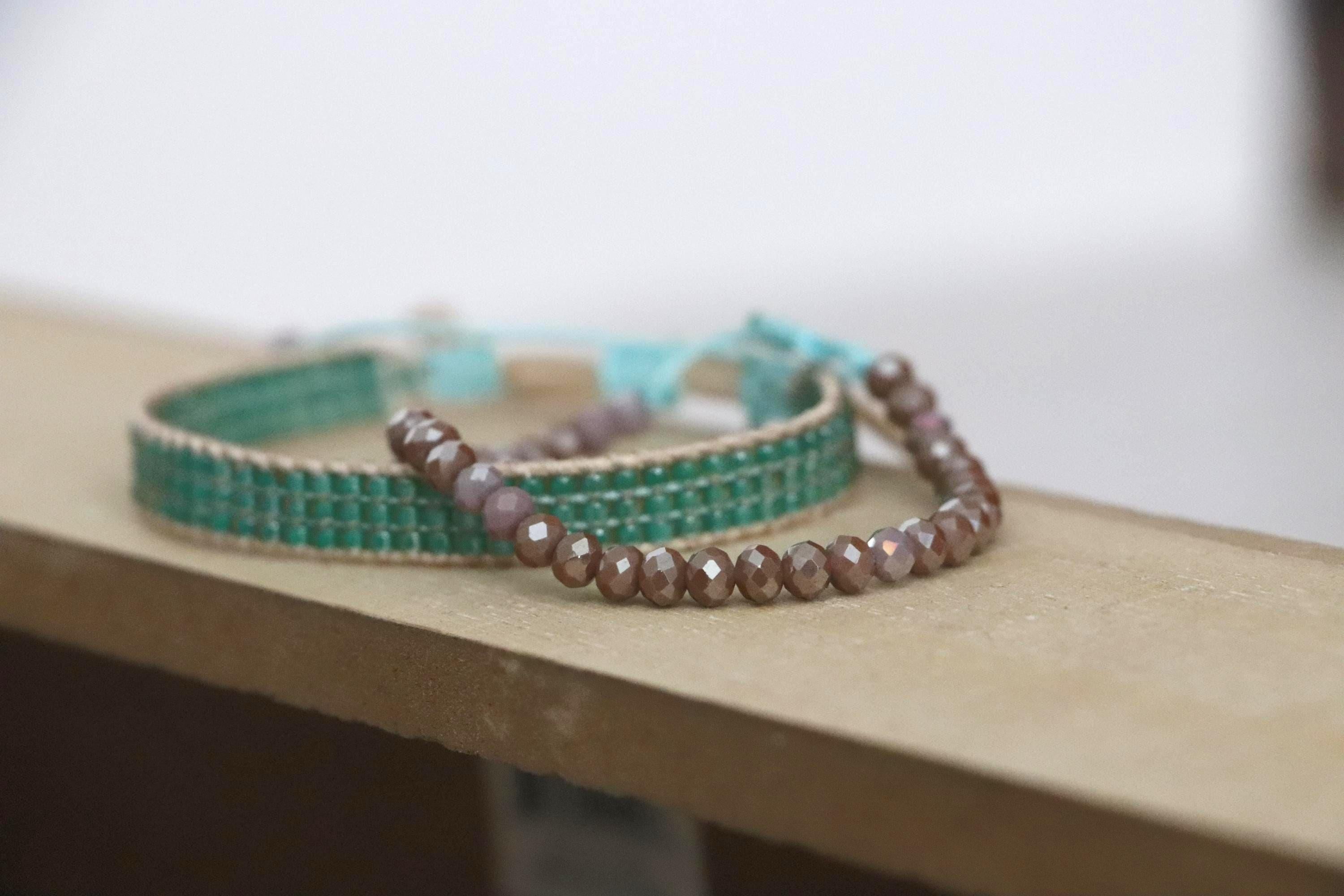 Green and Light Purple Handmade Bracelet Set 10 – Needlework and Beaded Bracelets