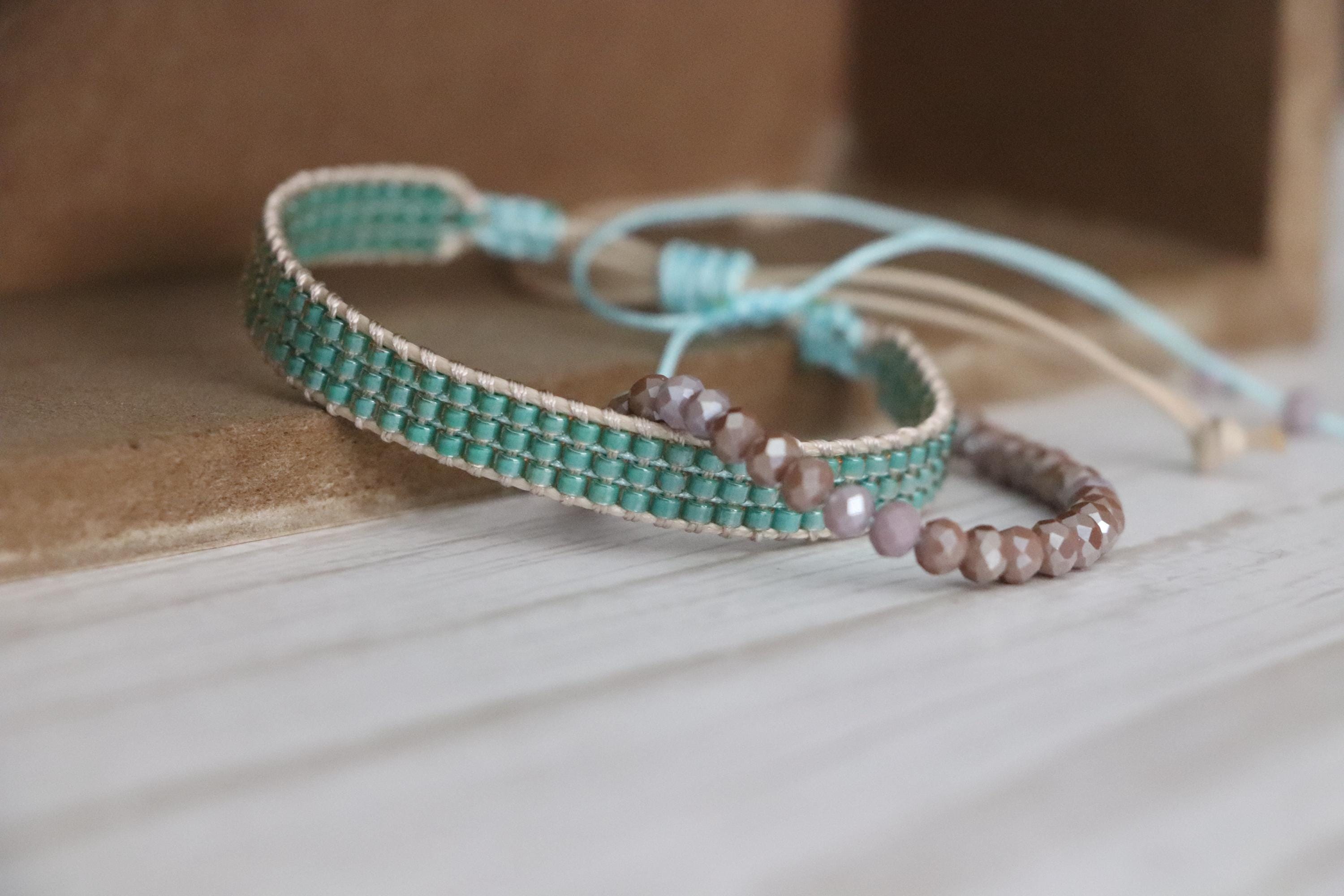 Green and Light Purple Handmade Bracelet Set 10 – Needlework and Beaded Bracelets