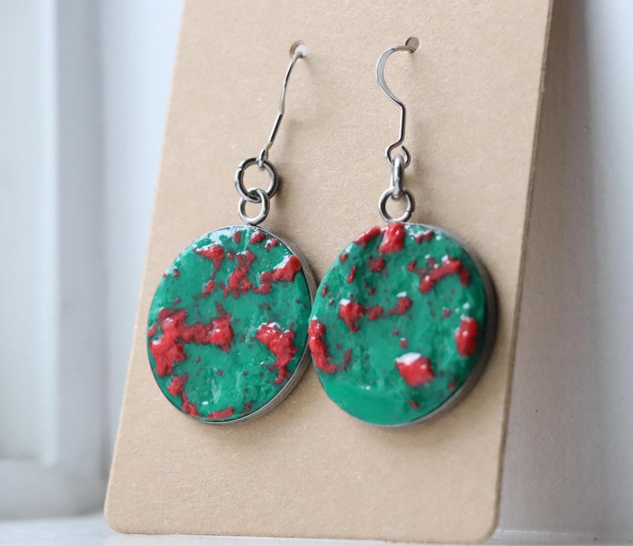 Green and Pink Polymer Clay Earrings – Handmade with Metal Backing, Colorful Gift