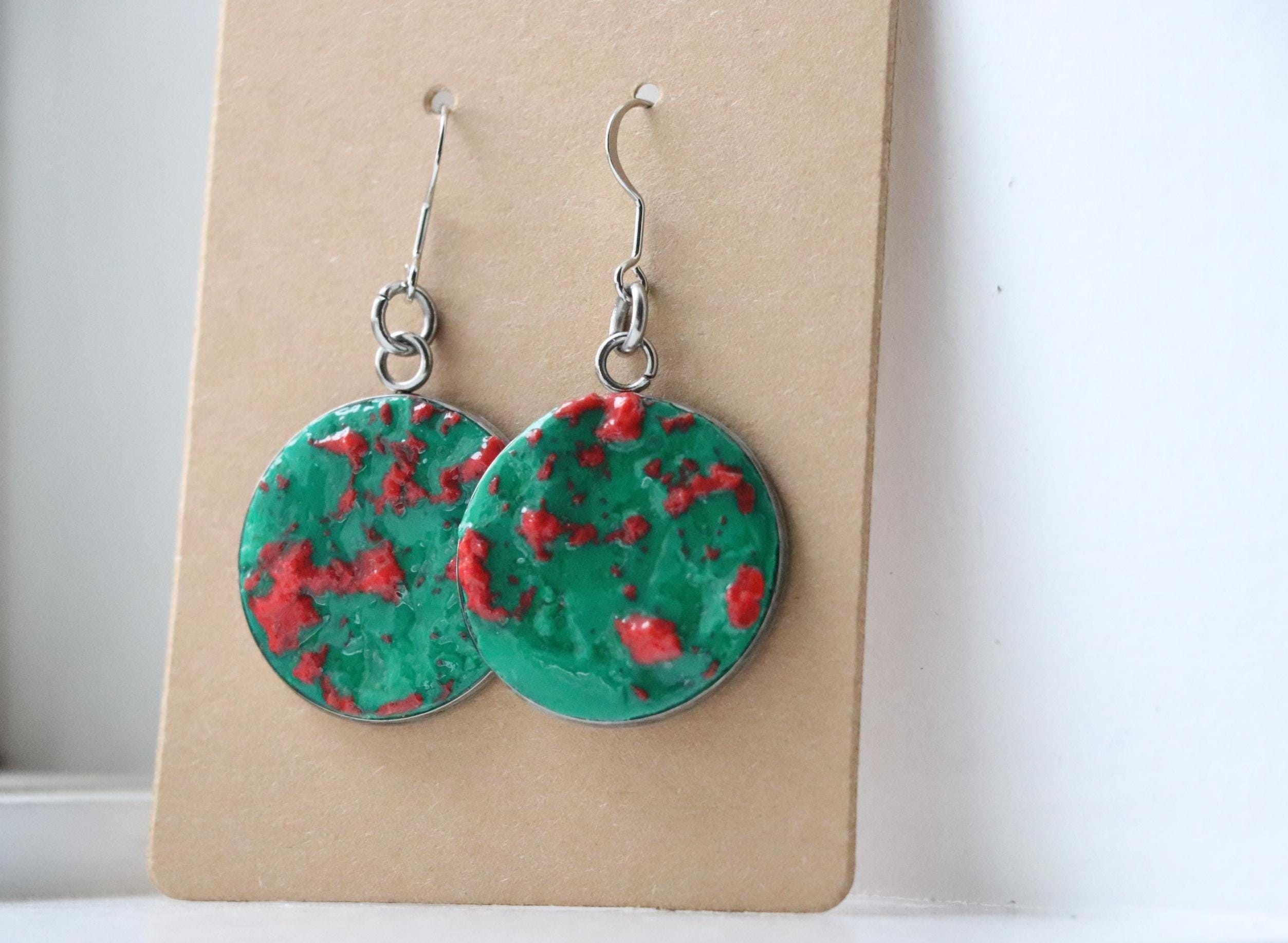 Green and Pink Polymer Clay Earrings – Handmade with Metal Backing, Colorful Gift