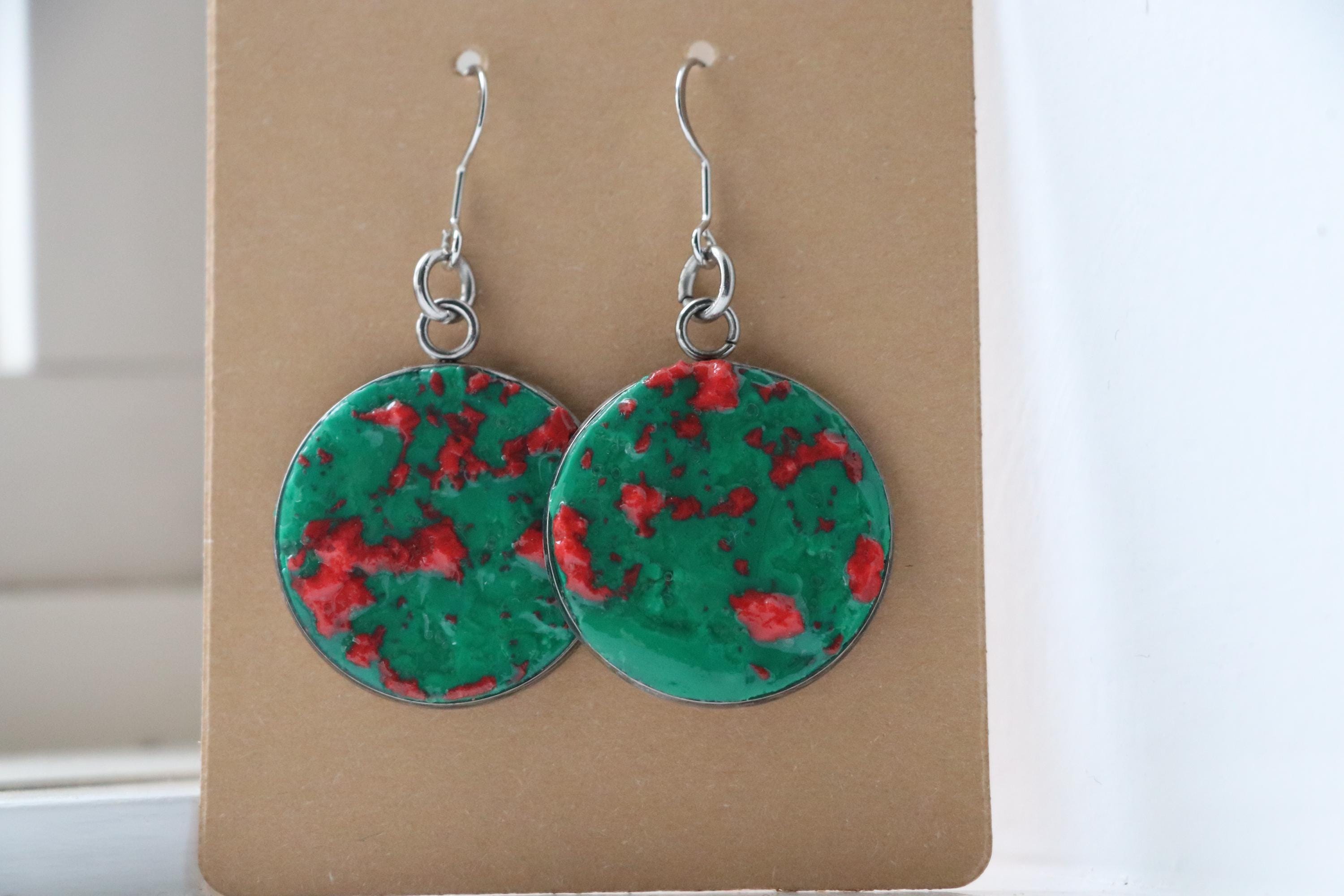 Green and Pink Polymer Clay Earrings – Handmade with Metal Backing, Colorful Gift
