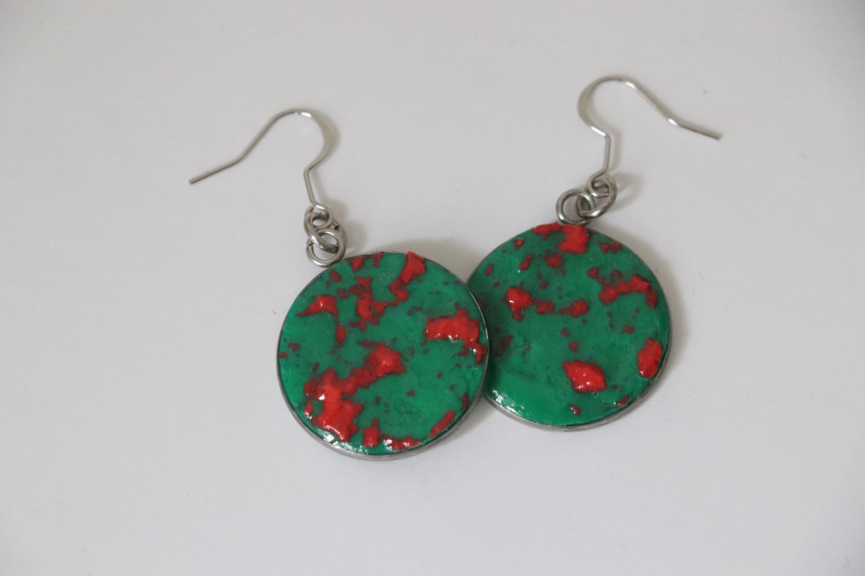 Green and Pink Polymer Clay Earrings – Handmade with Metal Backing, Colorful Gift