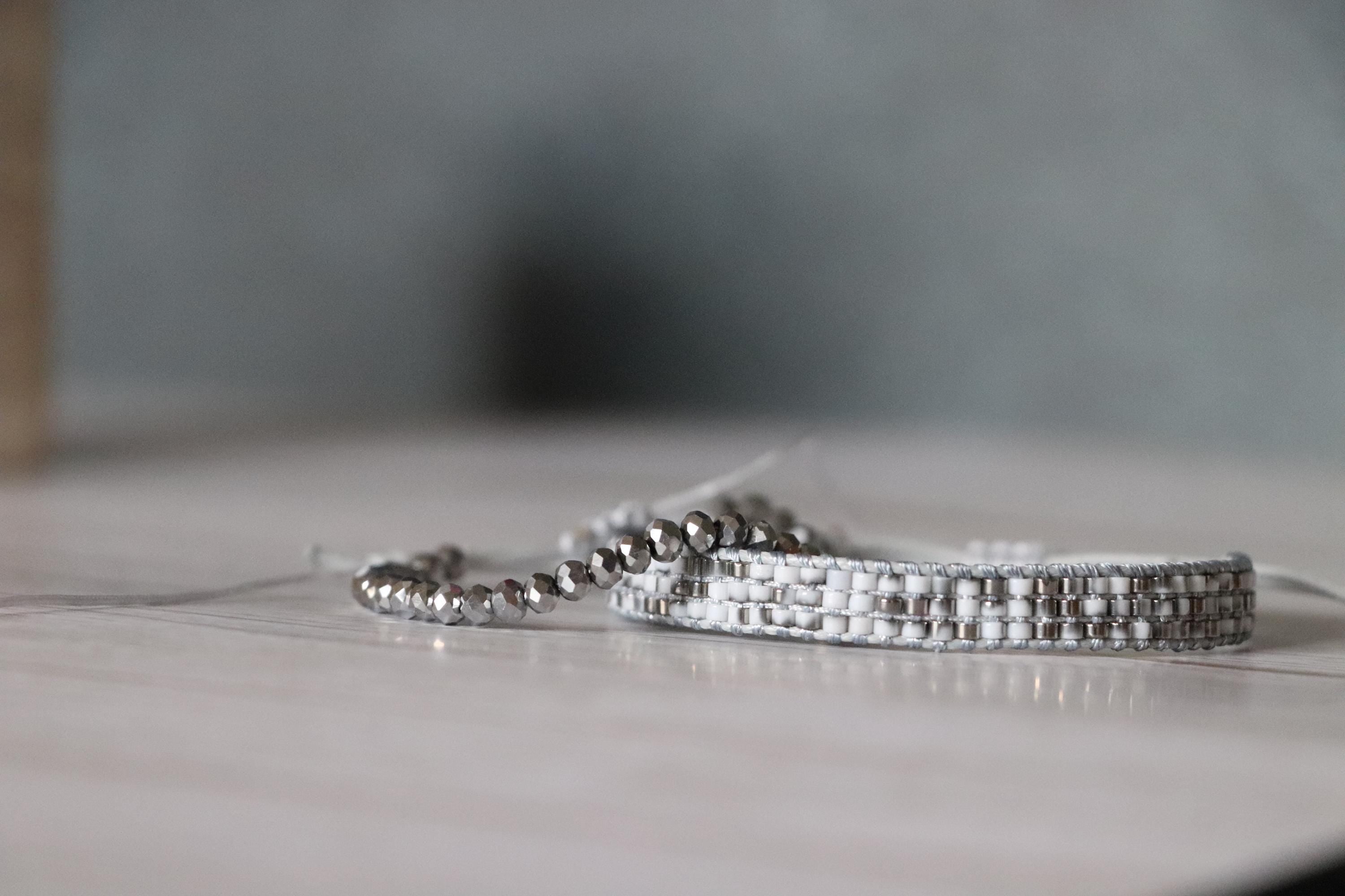 Grey Crystal Bead Bracelet & Grey White Woven Bracelet – Handmade Neutral Tones Set
