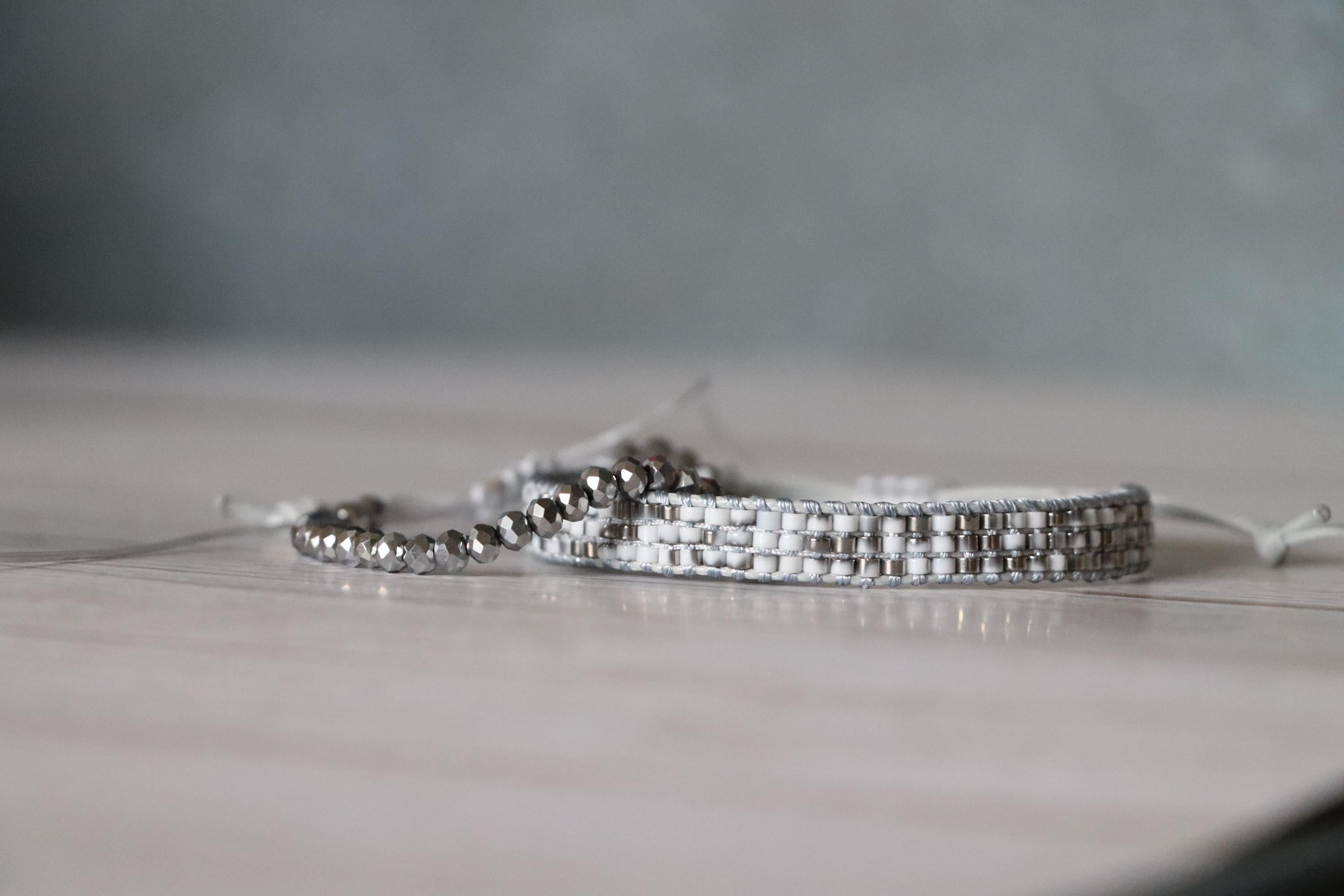 Grey Crystal Bead Bracelet & Grey White Woven Bracelet – Handmade Neutral Tones Set