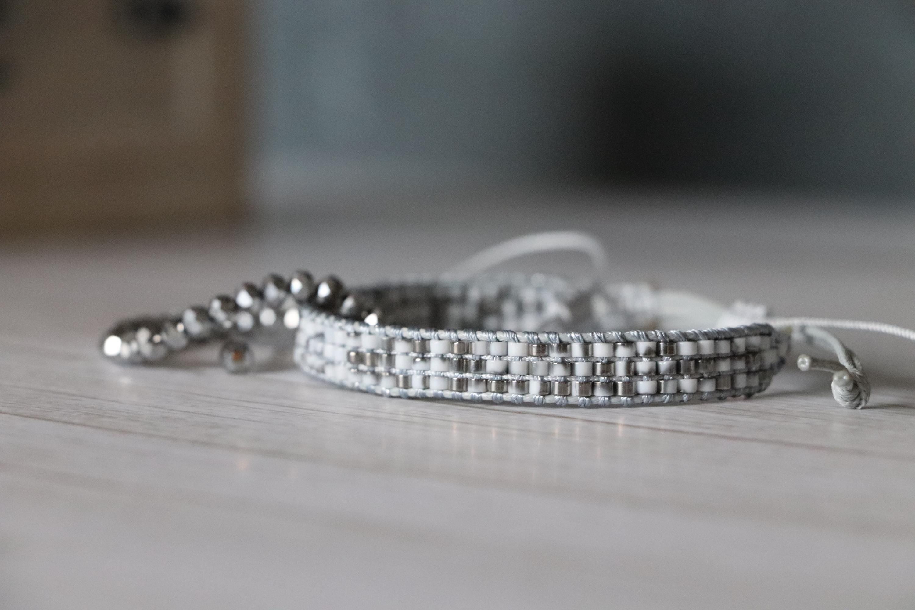 Grey Crystal Bead Bracelet & Grey White Woven Bracelet – Handmade Neutral Tones Set
