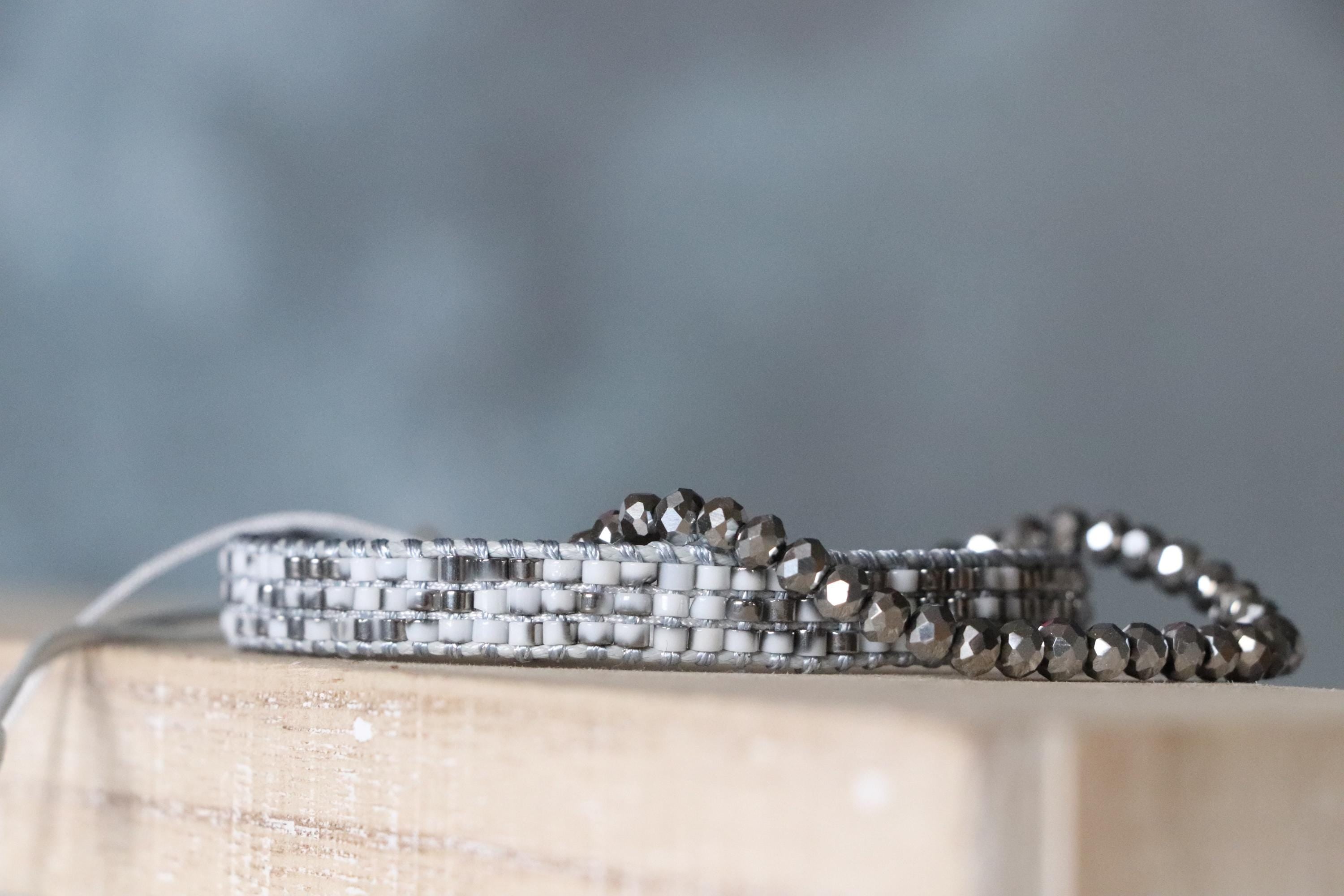 Grey Crystal Bead Bracelet & Grey White Woven Bracelet – Handmade Neutral Tones Set