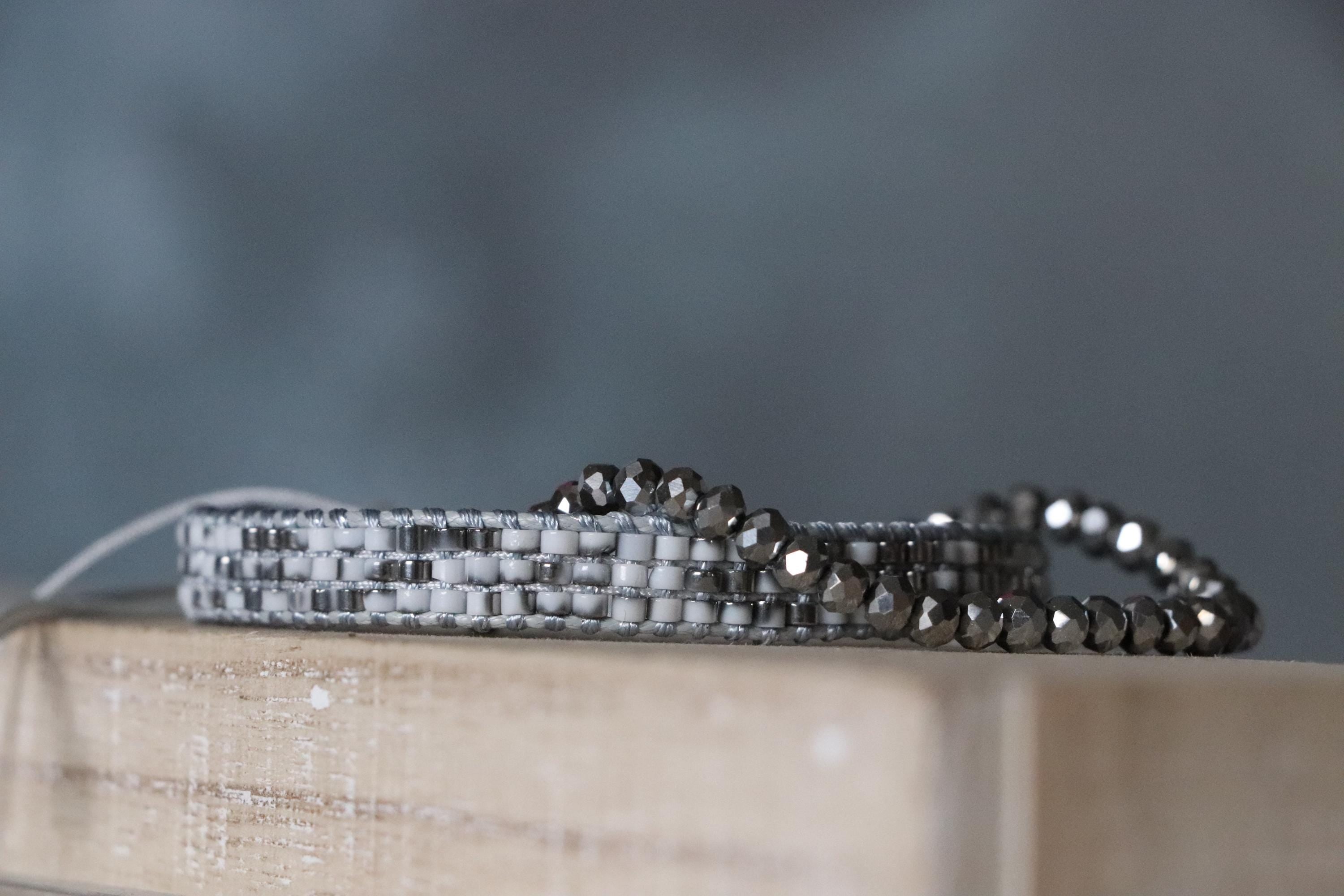 Grey Crystal Bead Bracelet & Grey White Woven Bracelet – Handmade Neutral Tones Set