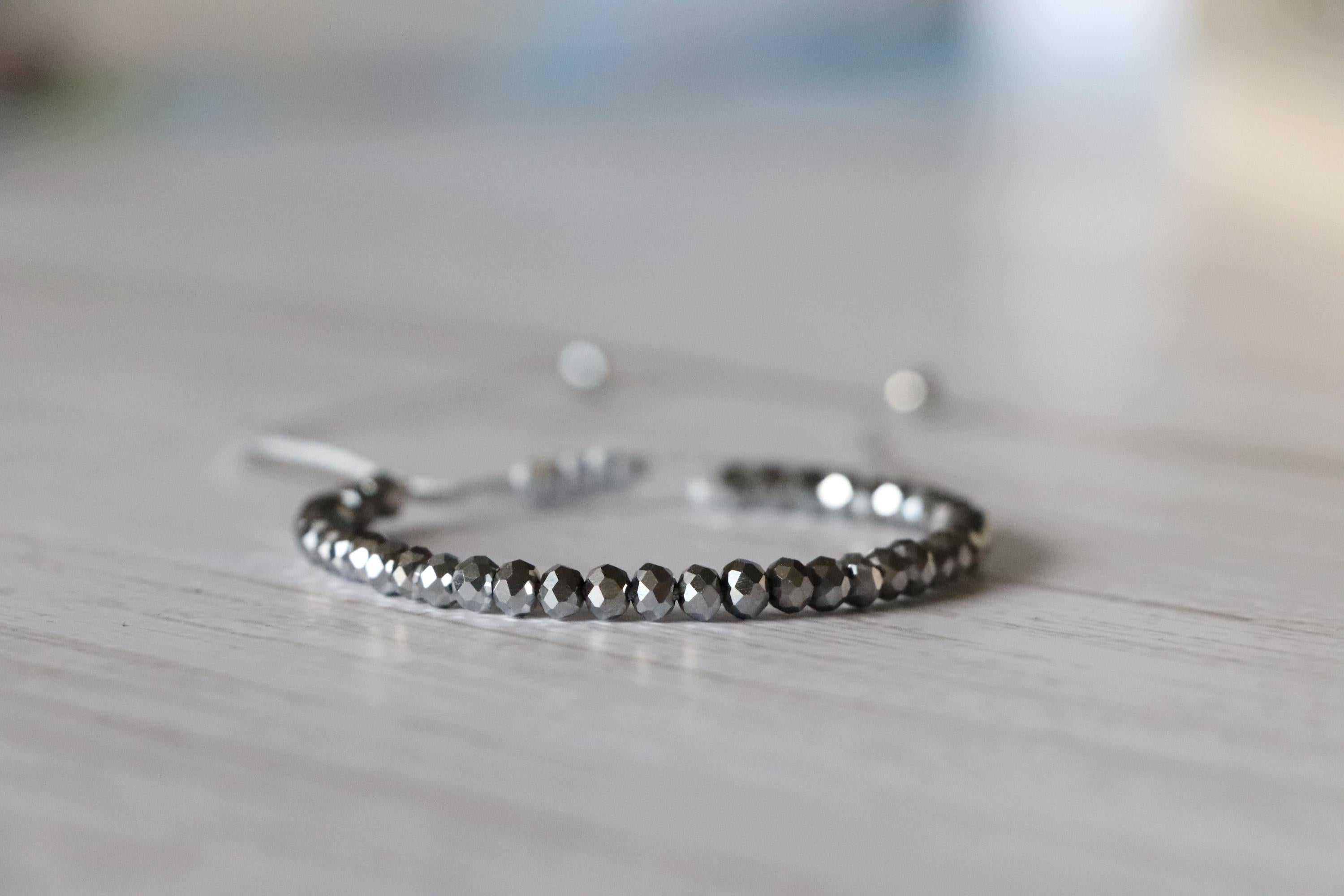 Grey Crystal Bead Bracelet & Grey White Woven Bracelet – Handmade Neutral Tones Set