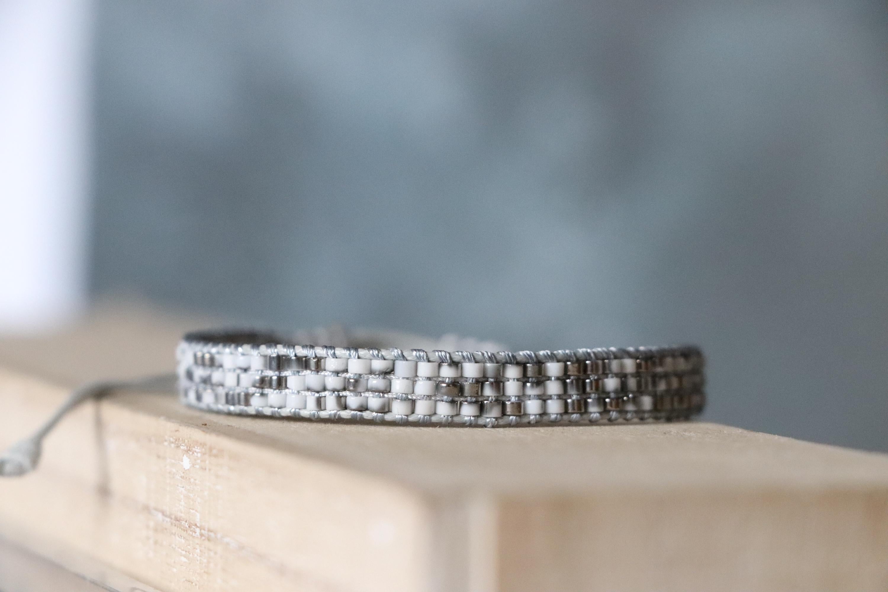 Grey Crystal Bead Bracelet & Grey White Woven Bracelet – Handmade Neutral Tones Set