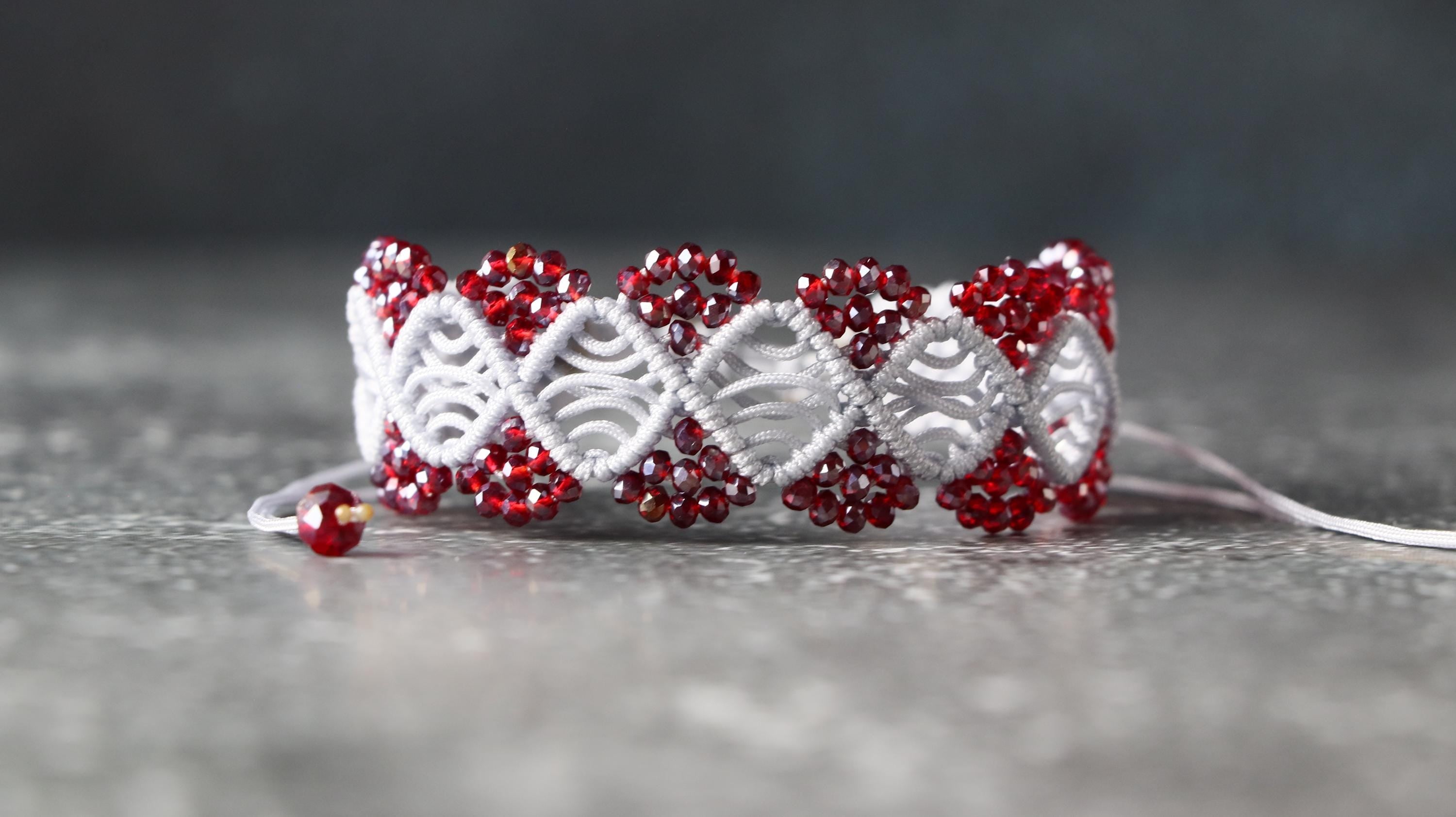 Grey and Dark Red Crystal Bead Bracelet